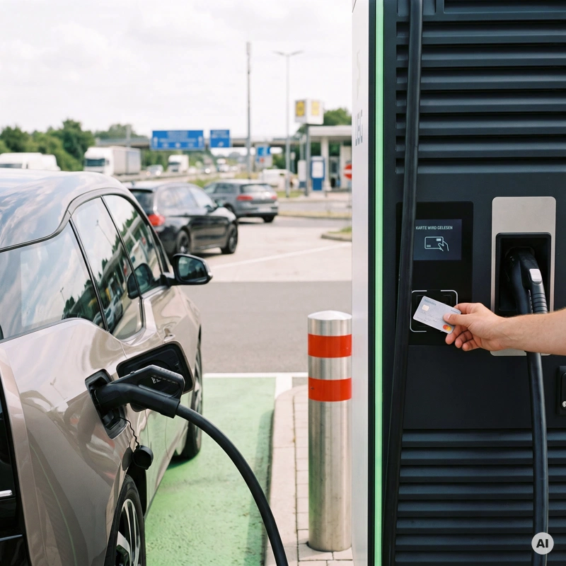 Hand hält eine Bankkarte an das Kartenlesefeld einer Schnellladesäule, daneben lädt ein Elektroauto