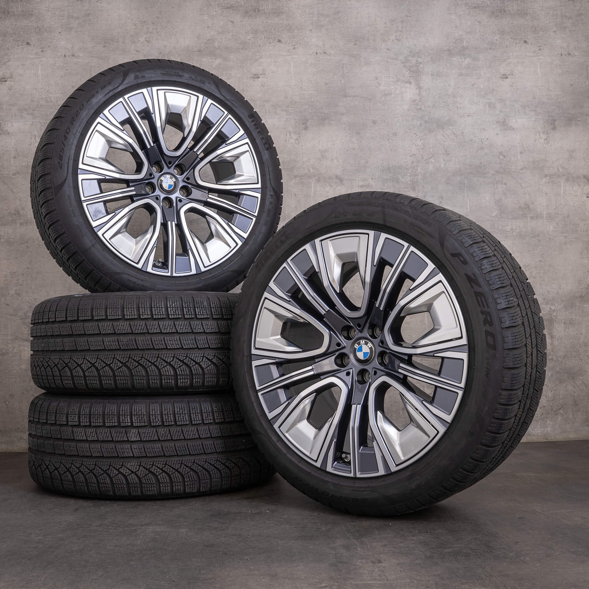Jantes e pneus inverno originais BMW Série 7 i7 X3 20 polegadas G70 G45 jantes 5A19DE6 5A19DE7 styling 906 aerodinâmica gunmetal cinzento brilhante torneado