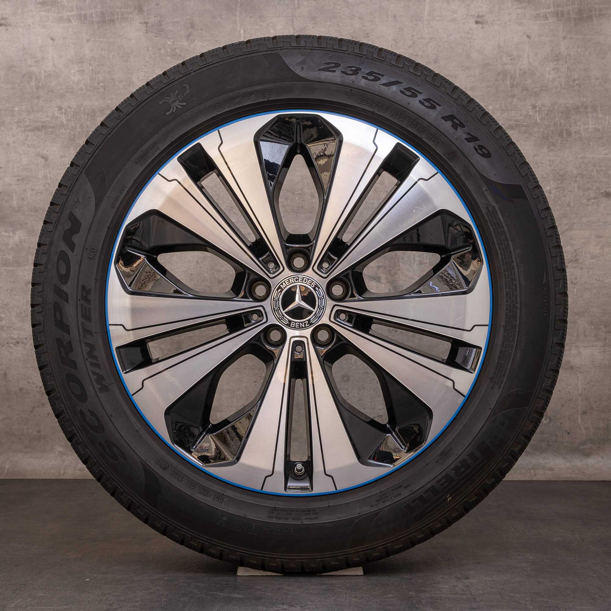 Oryginalne koła zimowe Mercedes Benz EQC 19 cali N293 Felgi A2934010200 czarno niebieskie Polerowane