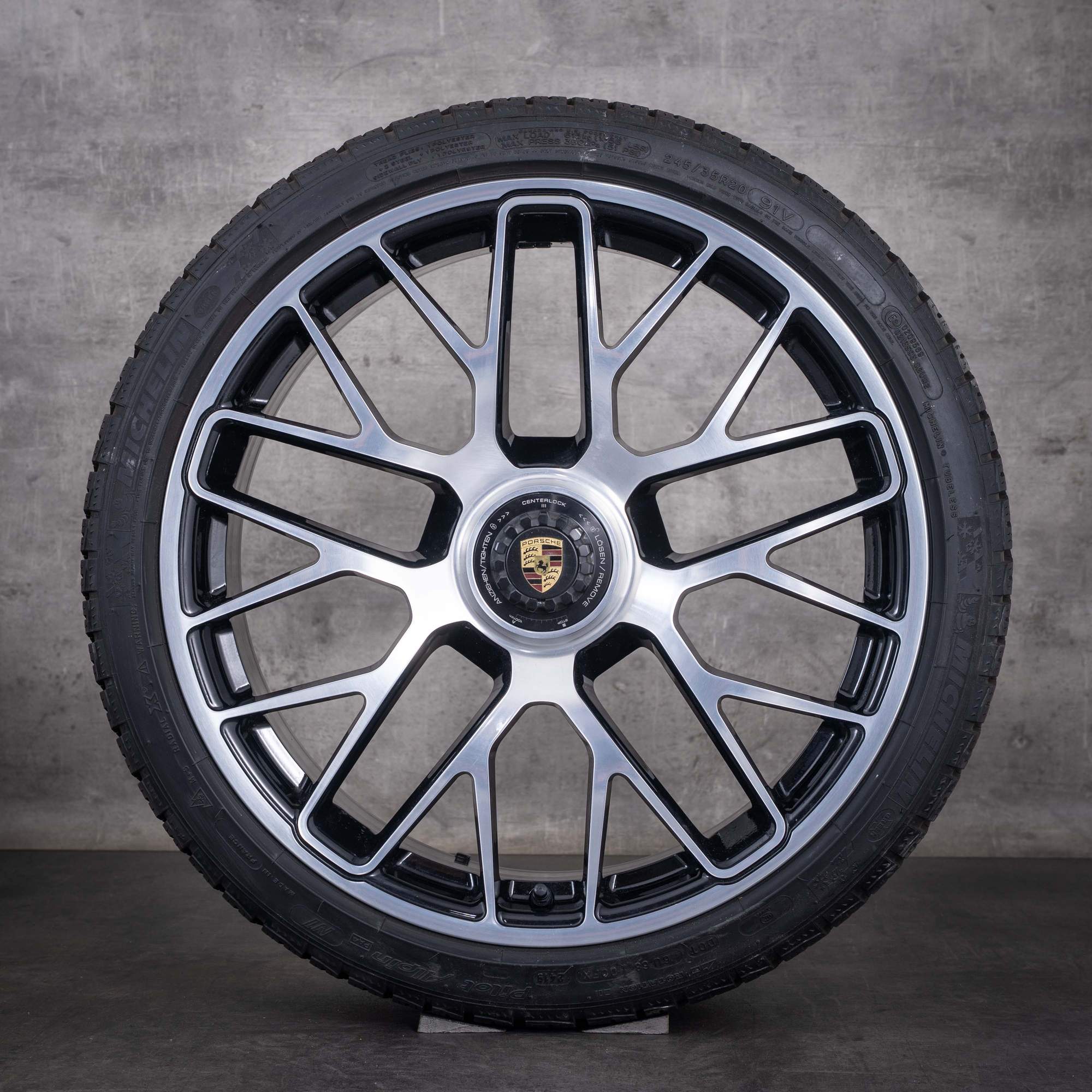 Original Porsche 991 II Winterräder 20 Zoll Targa 4 GTS Turbo Felgen 99136216234 99136216634 schwarz front glanzgedreht
