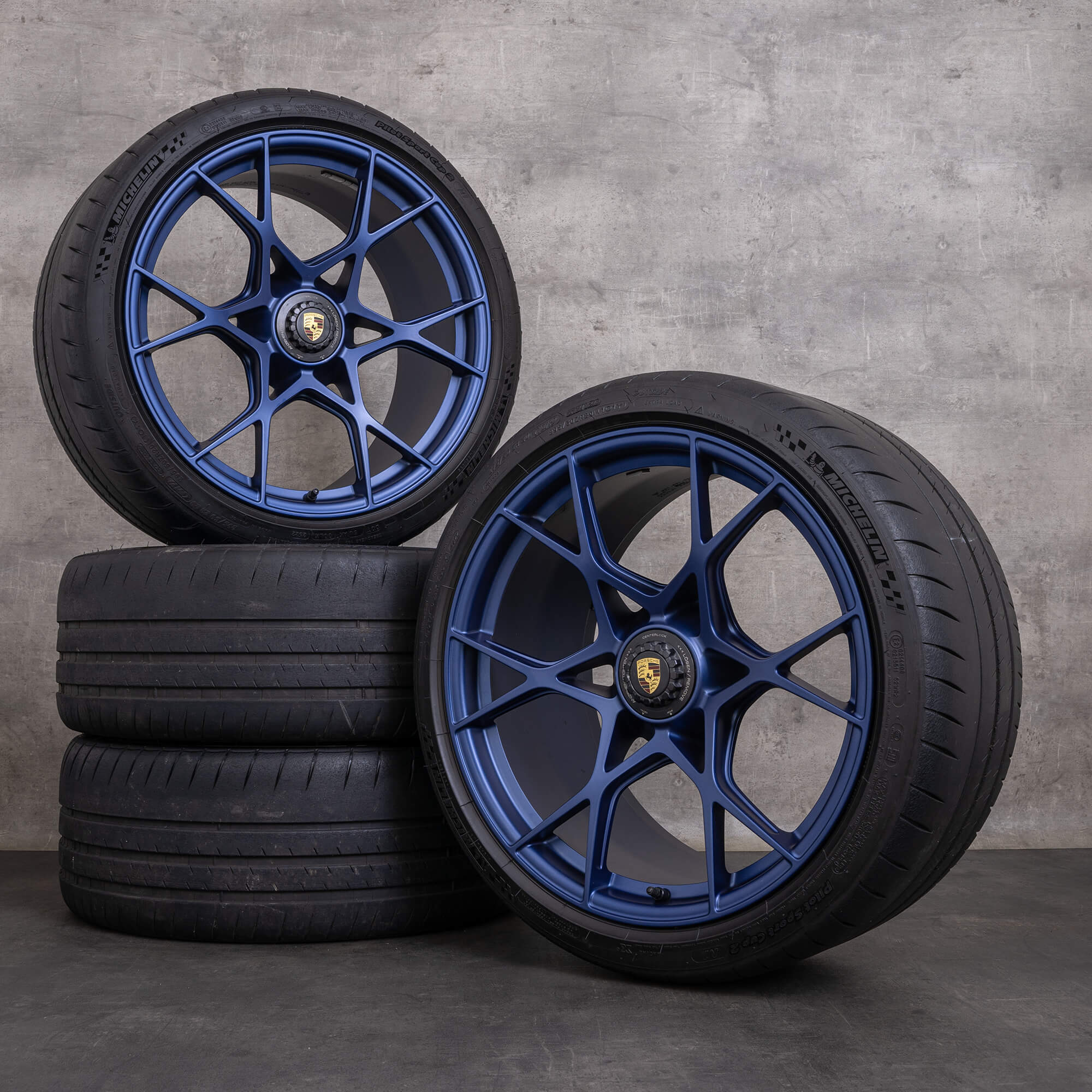 OEM Porsche Cayman rims 20 inch Boxster 982 GT4 RS summer wheels 9GT601025D 9GT601025E indigo blue matt
