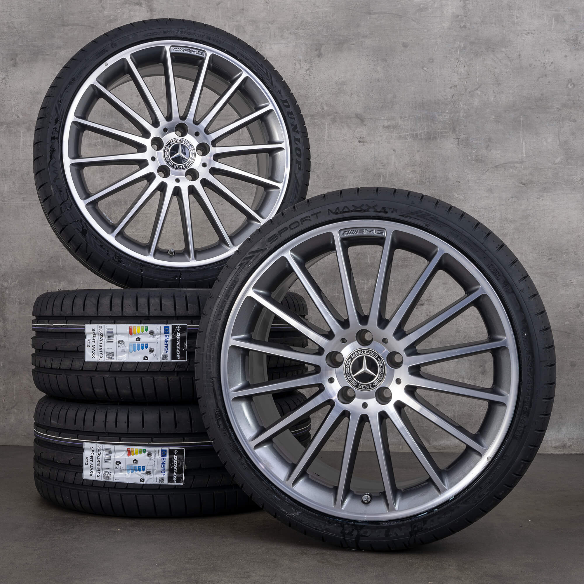 OEM AMG Mercedes Benz A-Class A45 CLA45 19 inch rims W176 C117 X117 summer tires A1764010502 himalaya grey high-sheen - set of 4 wheels