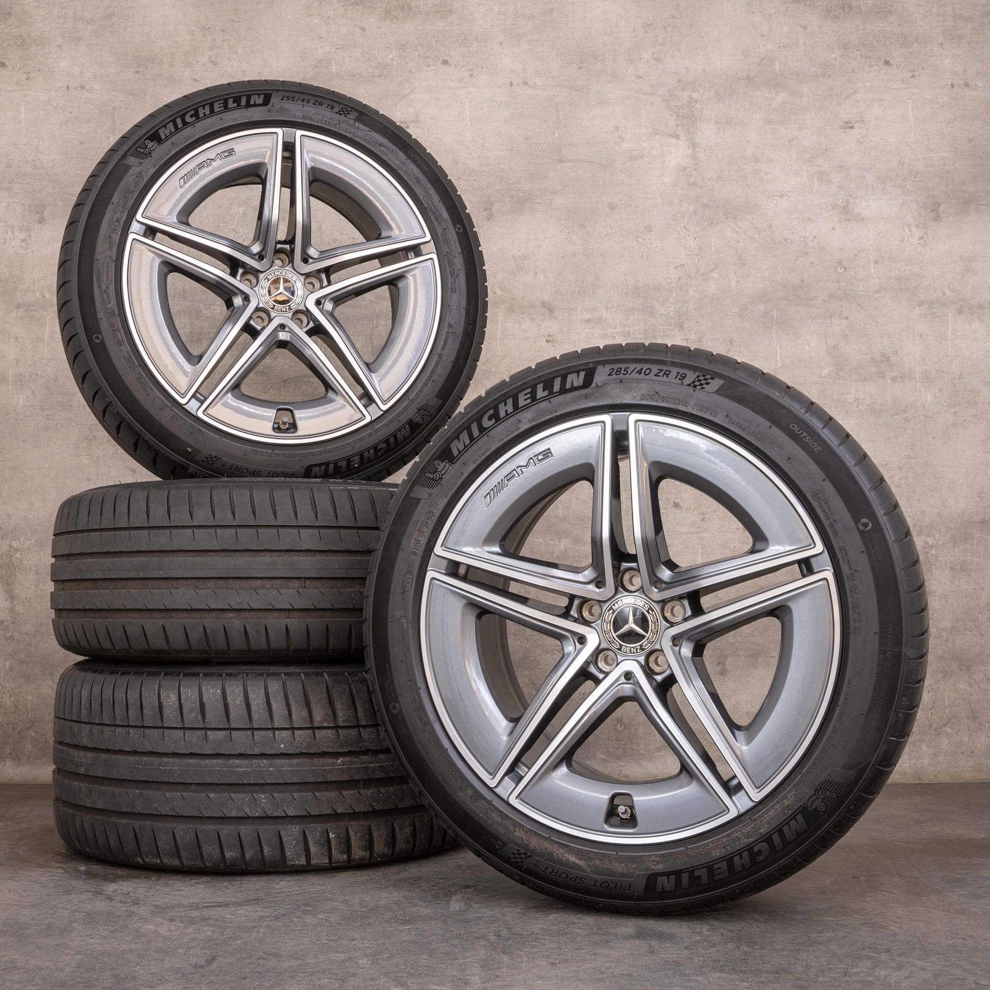 Original Mercedes Benz E53 hybrid AMG Felgen 19 Zoll 214 Sommerräder A2144010900 A2144011000 5-Doppelspeichen himalaya grey glanzgedreht