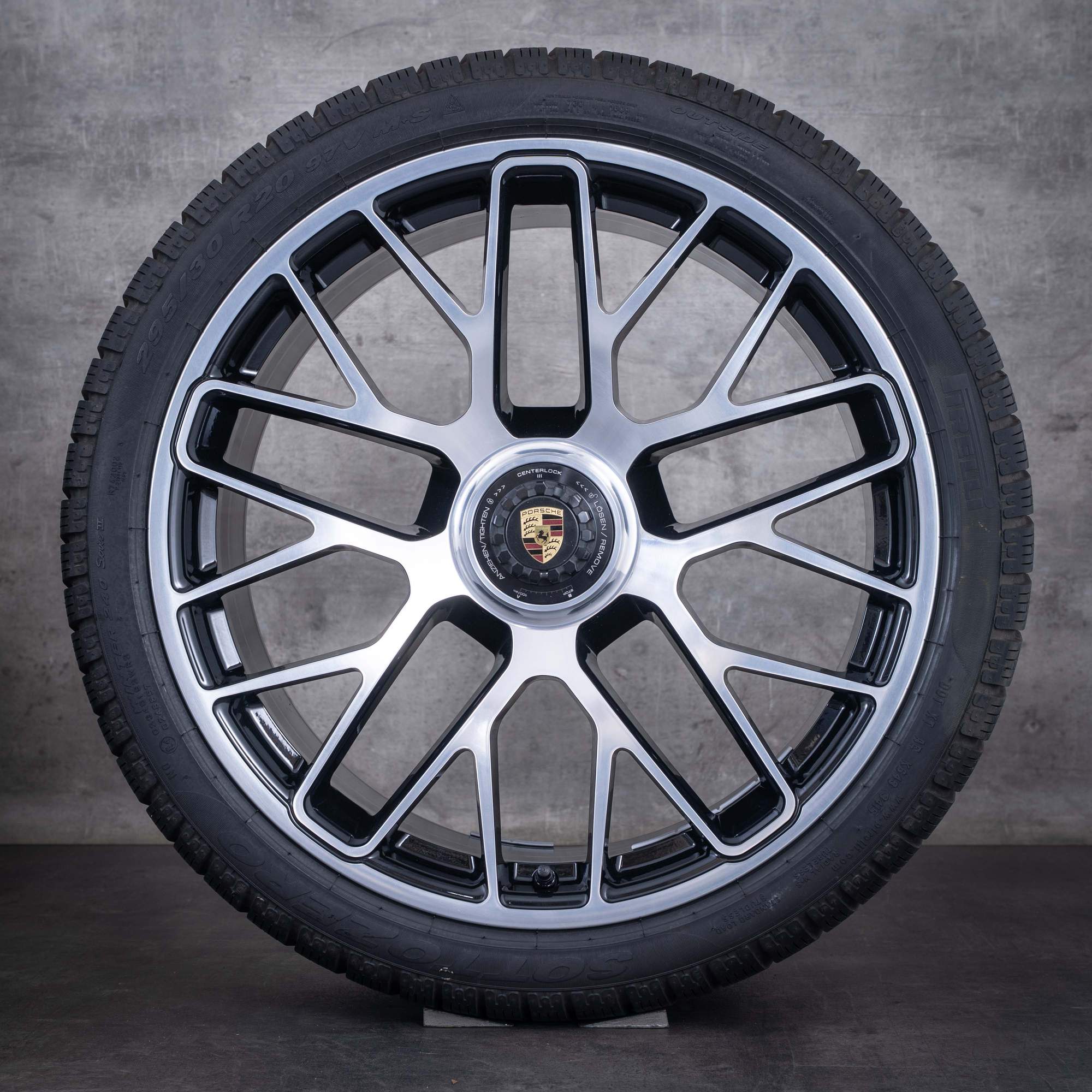 Original Porsche 991 Winterräder 20 Zoll 991 II Targa 4 GTS Turbo Felgen 99136216234 99136216634 schwarz front glanzgedreht