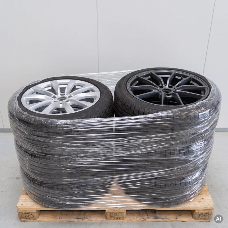 Mehrere Sätze originaler Kompletträder liegen verpackt auf einer Palette zur Auslieferung an ein Autohaus