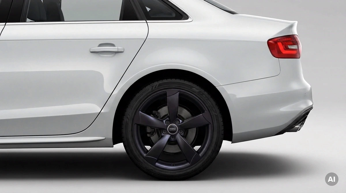 Zadní kolo Audi A4 B8 zblízka: originální disk 19 palců v matně černé barvě, pětipaprskový design Rotor
