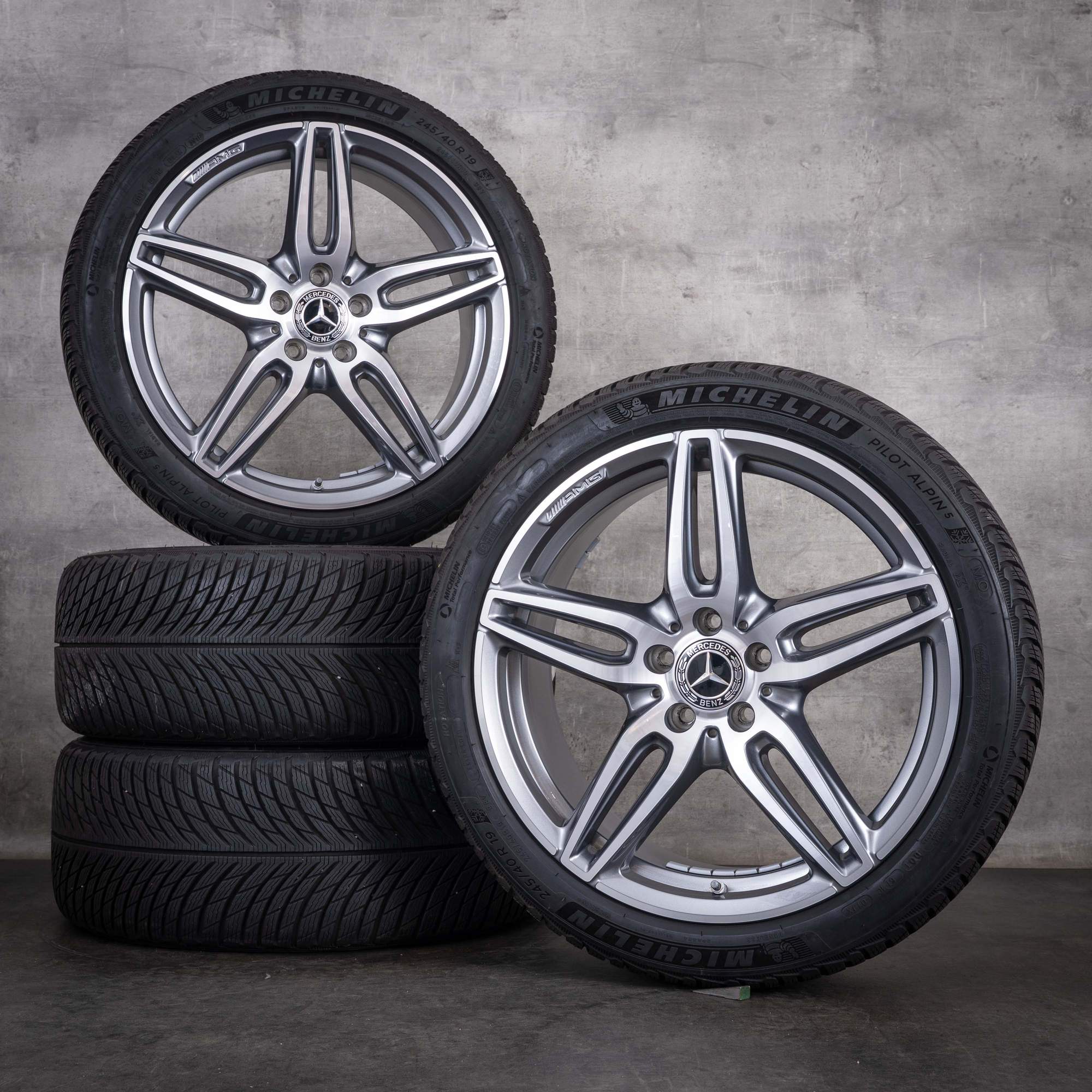 Original Mercedes Benz E-Klasse AMG Winterräder 19 Zoll W213 S213 C238 A238 Felgen A2134012000 himalaya grey front glanzgedreht