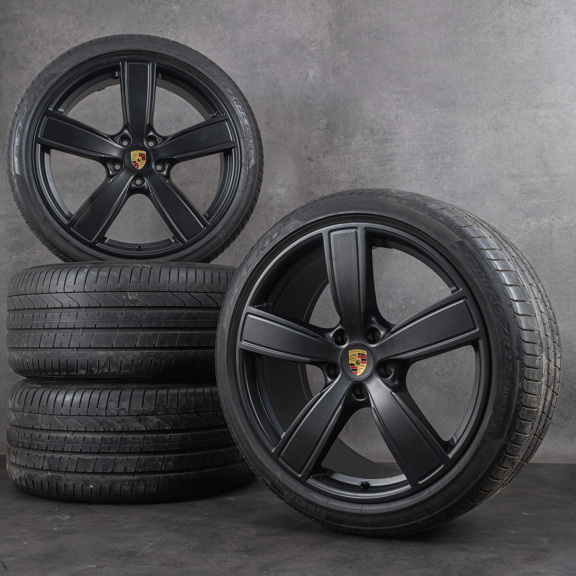Originale Porsche Cayenne Coupe 9YA felger 22 tommers sommerhjul 9Y0601025AP 9Y3601025T svart silkematt