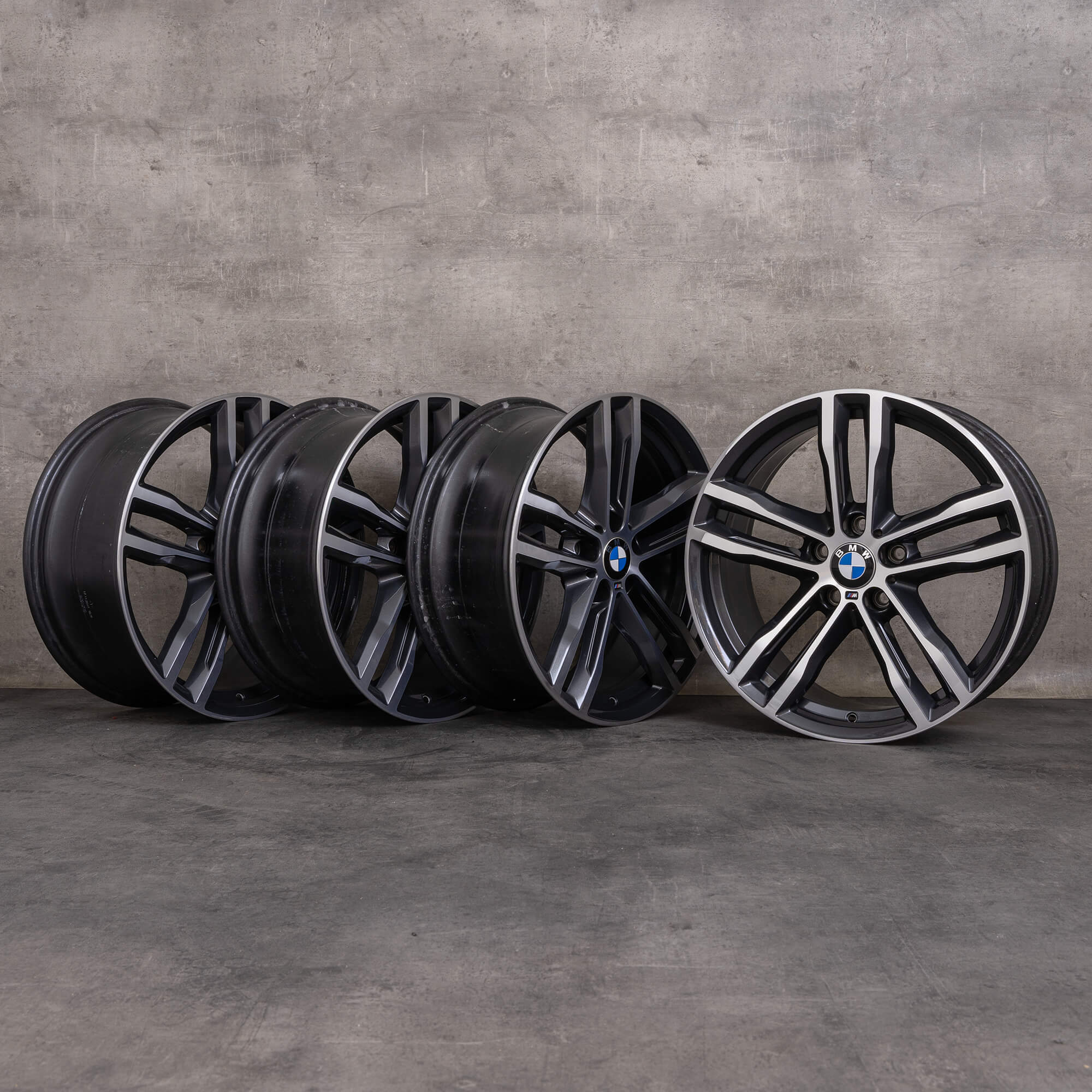 Original BMW 3-serie 4 hjul 19 tum F30 F31 F32 F33 F36 Gran Goupe Styling 704 M 8043650 8043651 orbit grå fram polerad