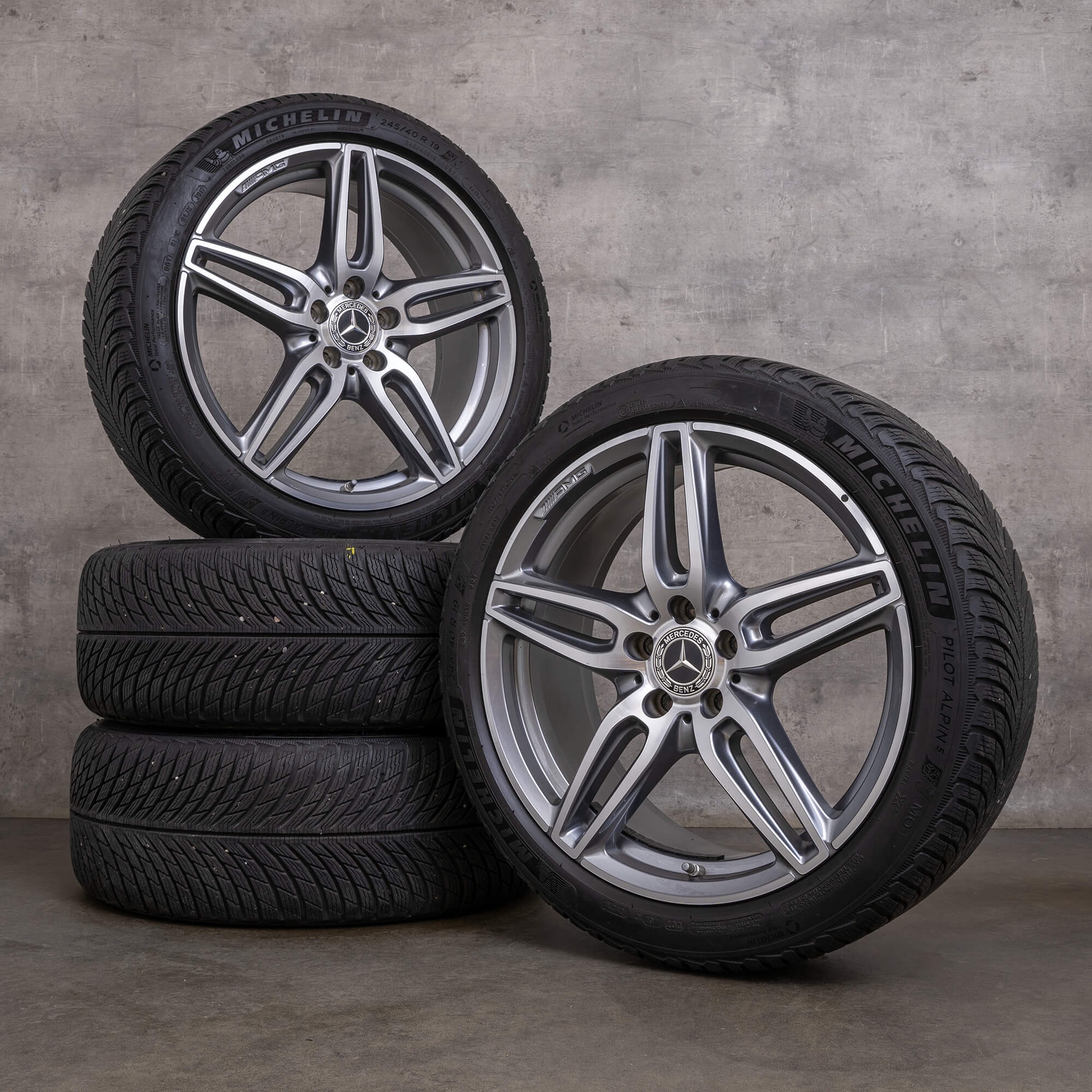 Pneus de inverno genuínos AMG Mercedes Benz Classe E E43 E53 19 polegadas W213 S213 C238 A238 jantes A2134013800 A2134012000 himalaia cinzento brilhante torneado