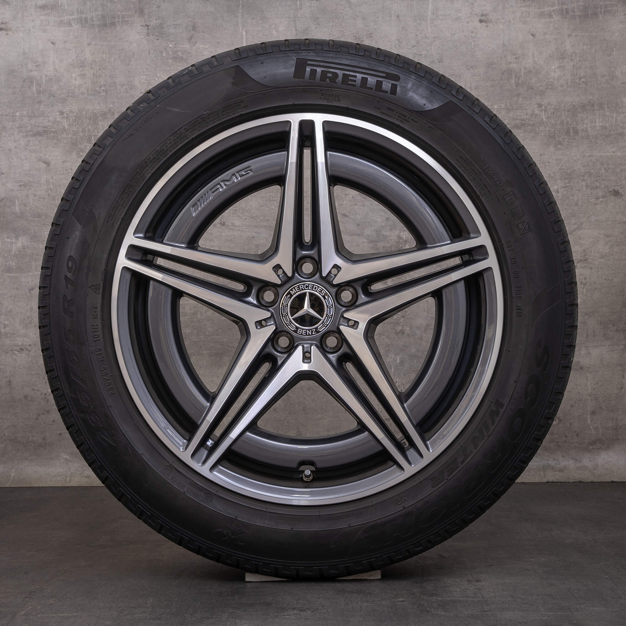 Original zimní pneu s disky Mercedes Benz EQC AMG 19" ráfky na auto N293 A2934011400 A2934010700 himalaya šedá lesklá soustružená