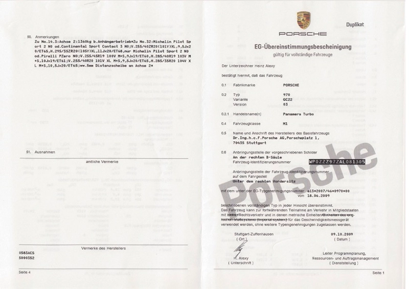 COC-Papier (EG-Übereinstimmungsbescheinigung) eines Porsche Panamera - Vorderseite mit Marke, Typ und Fahrgestellnummer