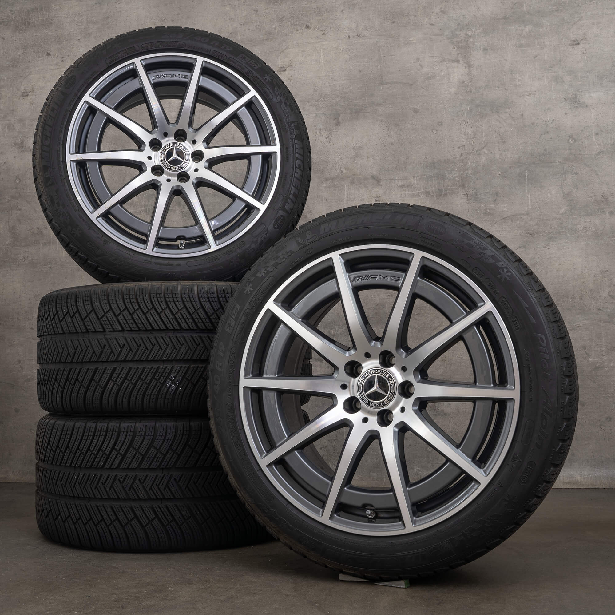 Original Mercedes Benz E-Klasse AMG E63 S Winterräder 19 Zoll W213 S213 Felgen A2134016900 A2134017000 himalaya grey glanzgedreht