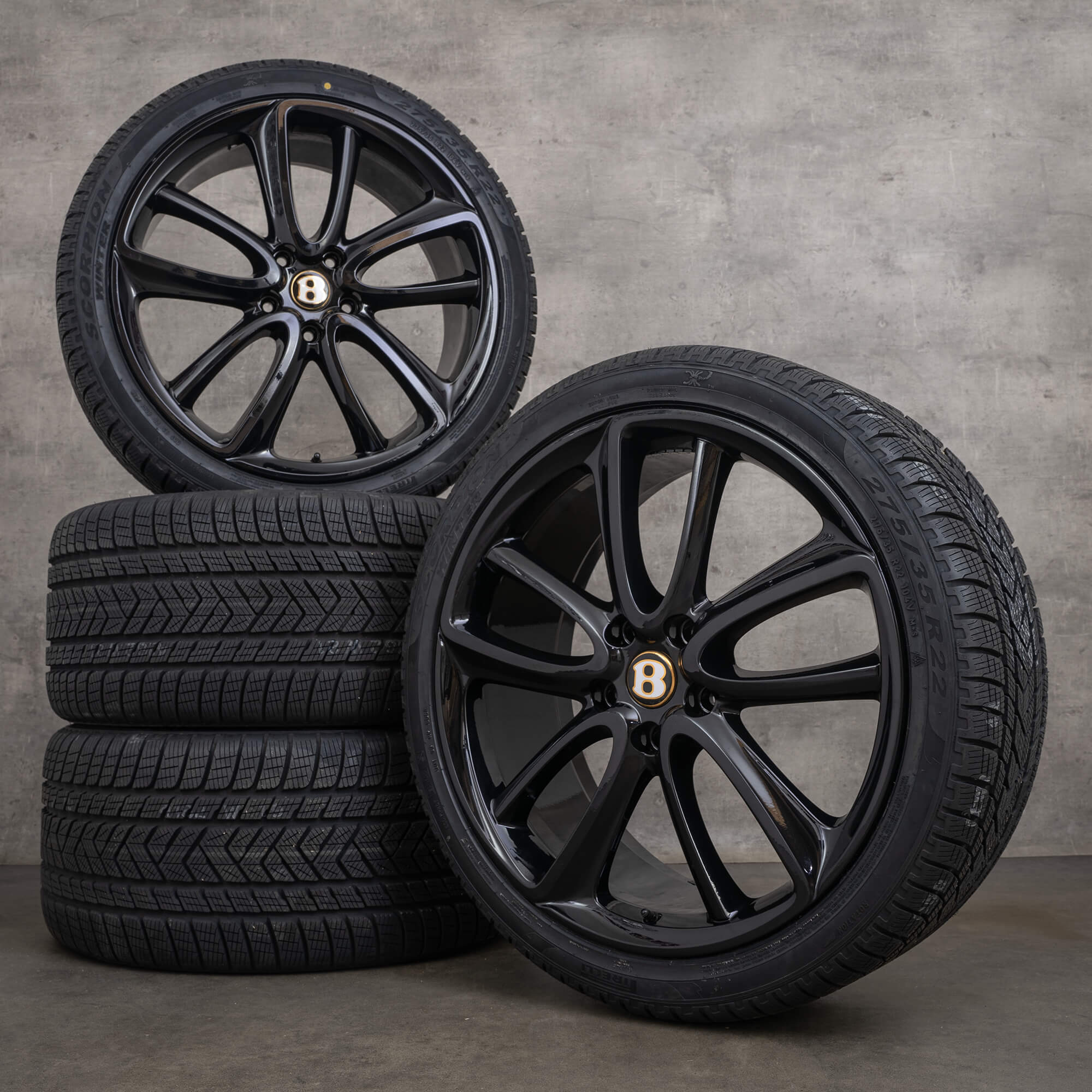 Llantas originales Bentley Continental GT GTC Flying Spur 3S de 22 pulgadas con neumáticos de invierno 3SA601025T y 3SA601025AA negras de alto brillo y ruedas de invierno