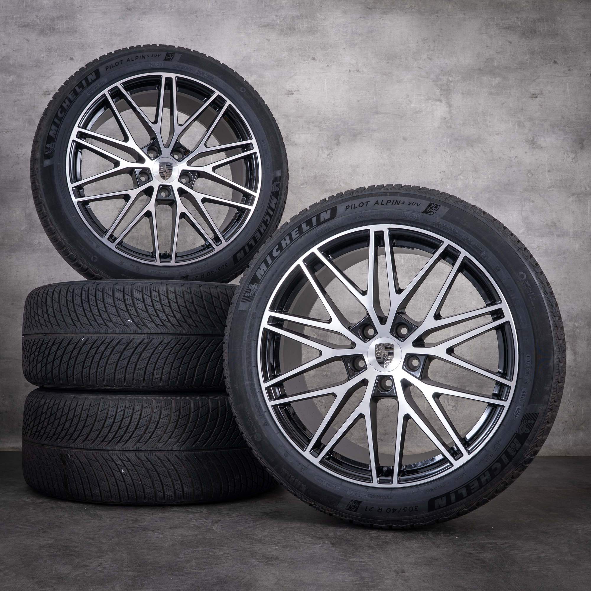 Originale Porsche Cayenne vinterhjul 21 tommer 9YA E3 II RS Spyder-felger 9Y0601025CD 9Y0601025CE svart frontpolert