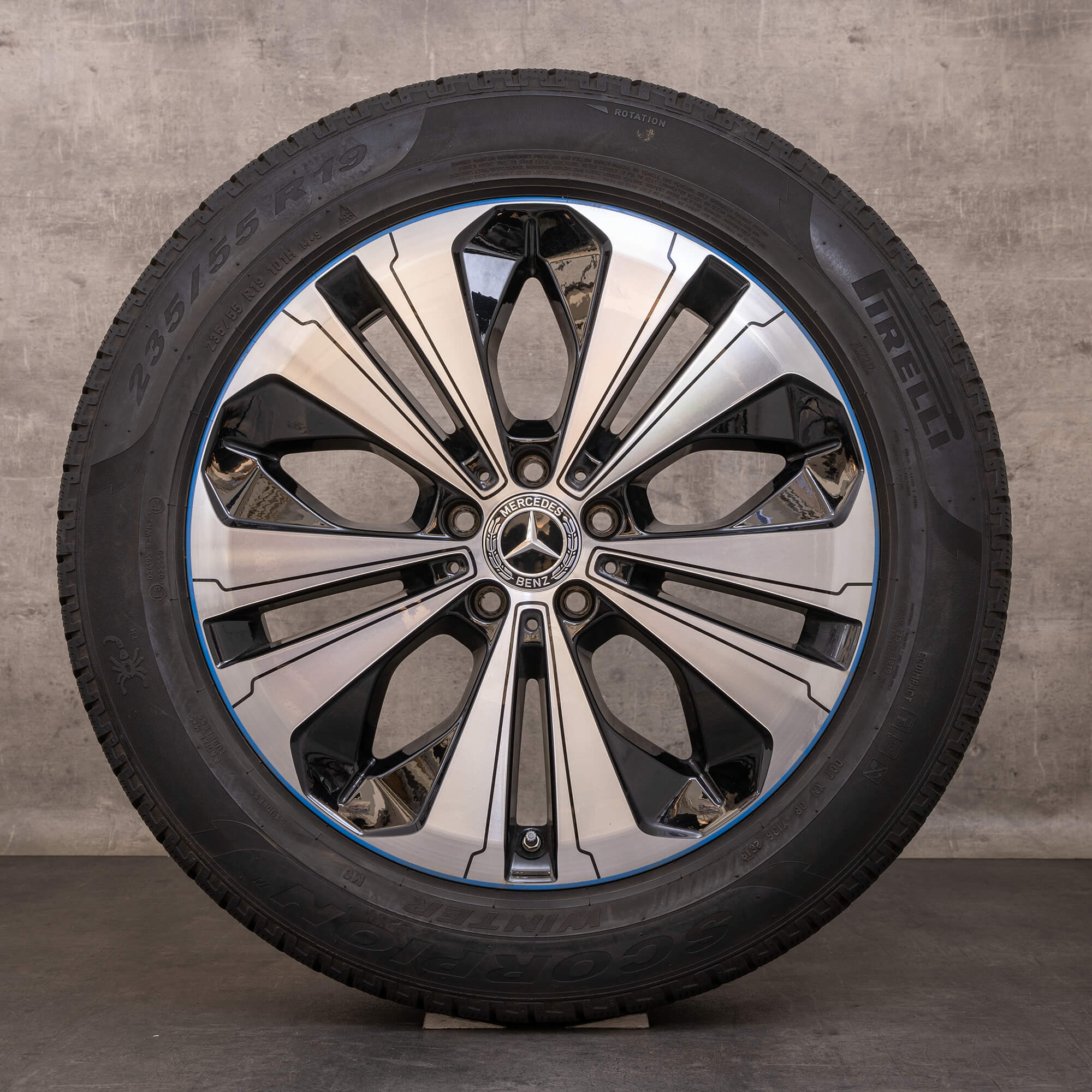 Oryginalne koła zimowe Mercedes Benz EQC 19 cali N293 Felgi A2934010200 czarno niebieskie Polerowane
