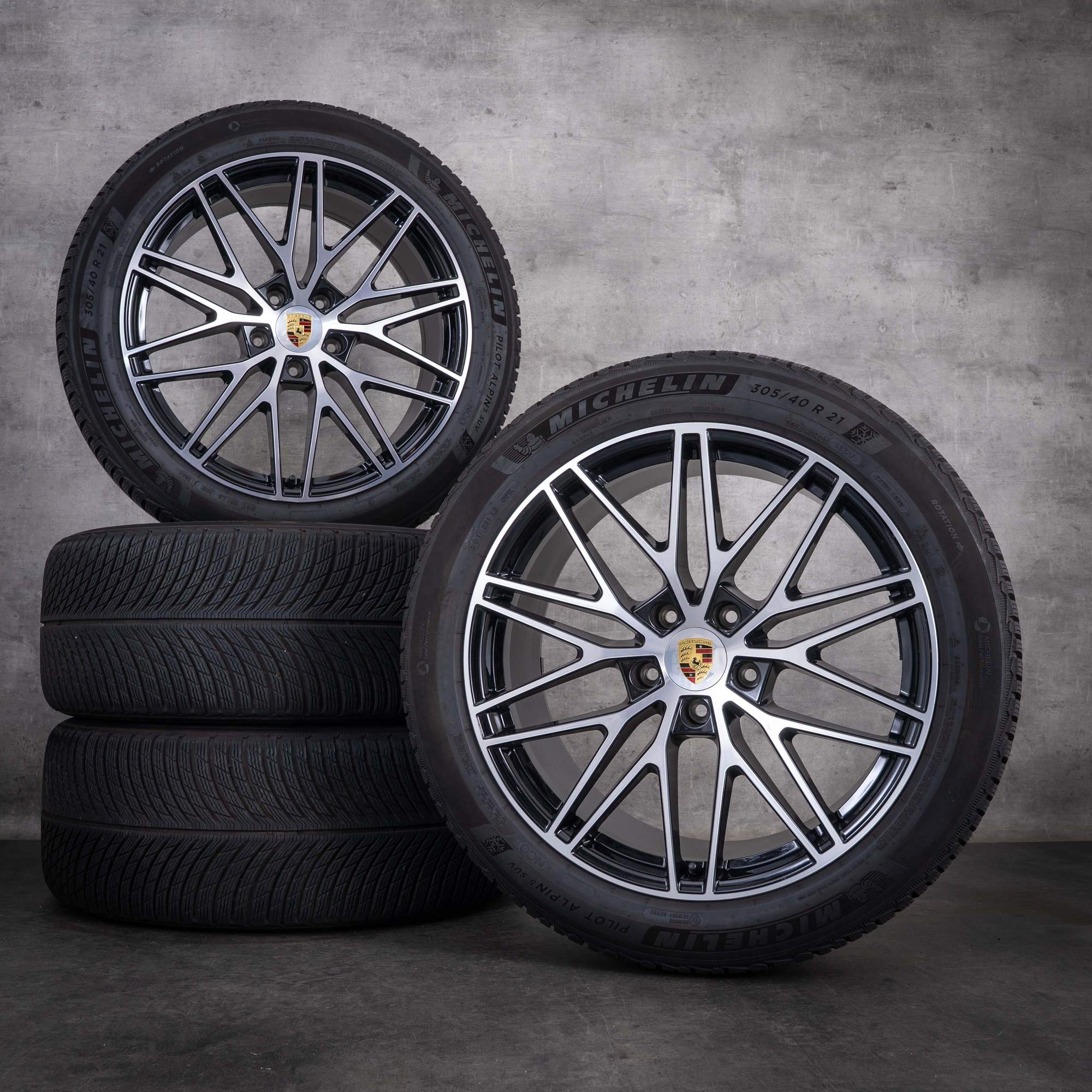 Original Porsche Cayenne Winterräder 21 Zoll 9YA II E3 Felgen RS Spyder 9Y0044603C schwarz front glanzgedreht
