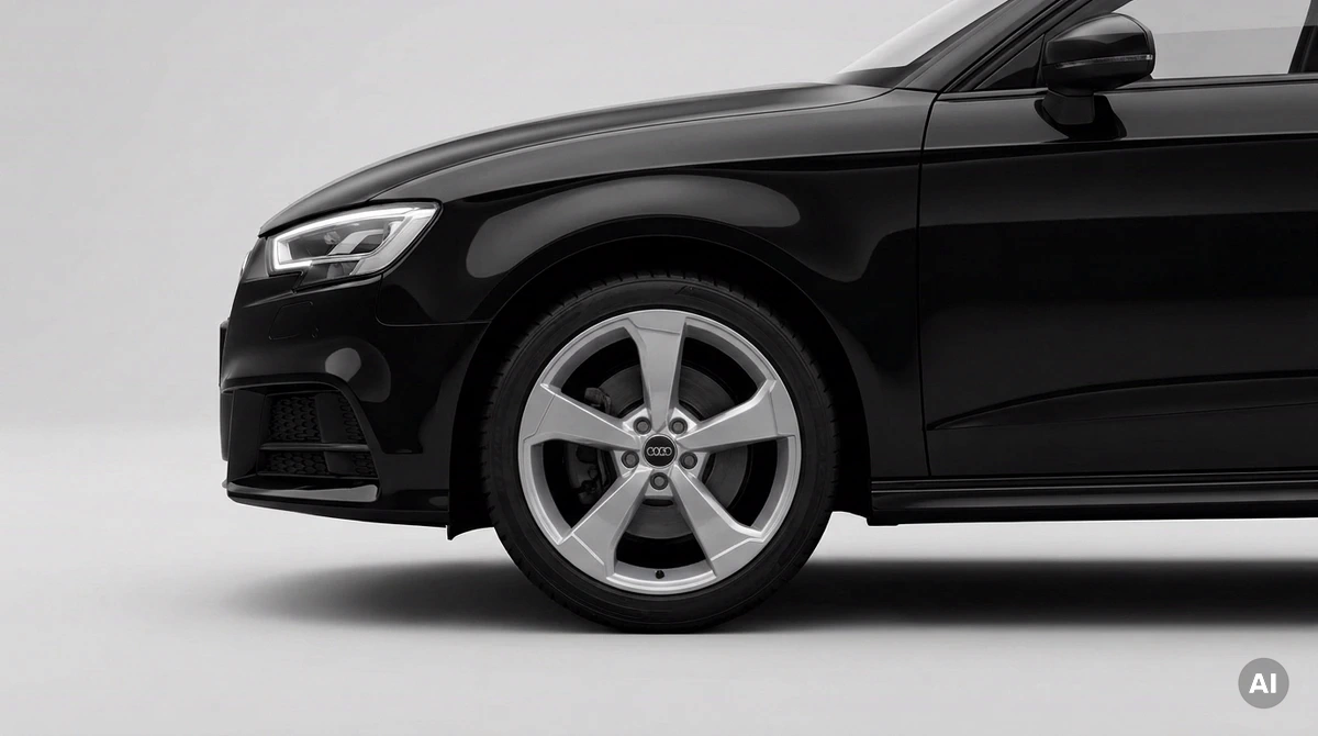 Audi A3 Sportback 8V de couleur noire : la roue avant vue de près, avec jante d'origine 19 pouces et design Rotor à 5 branches