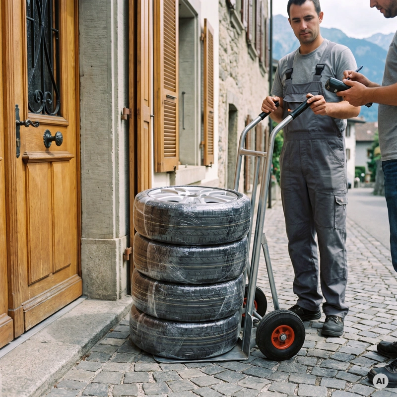 Zusteller an der Haustür mit Sackkarre, darauf vier einzeln in Folie verpackte Kompletträder, der Kunde bestätigt die Übergabe auf dem Handscanner
