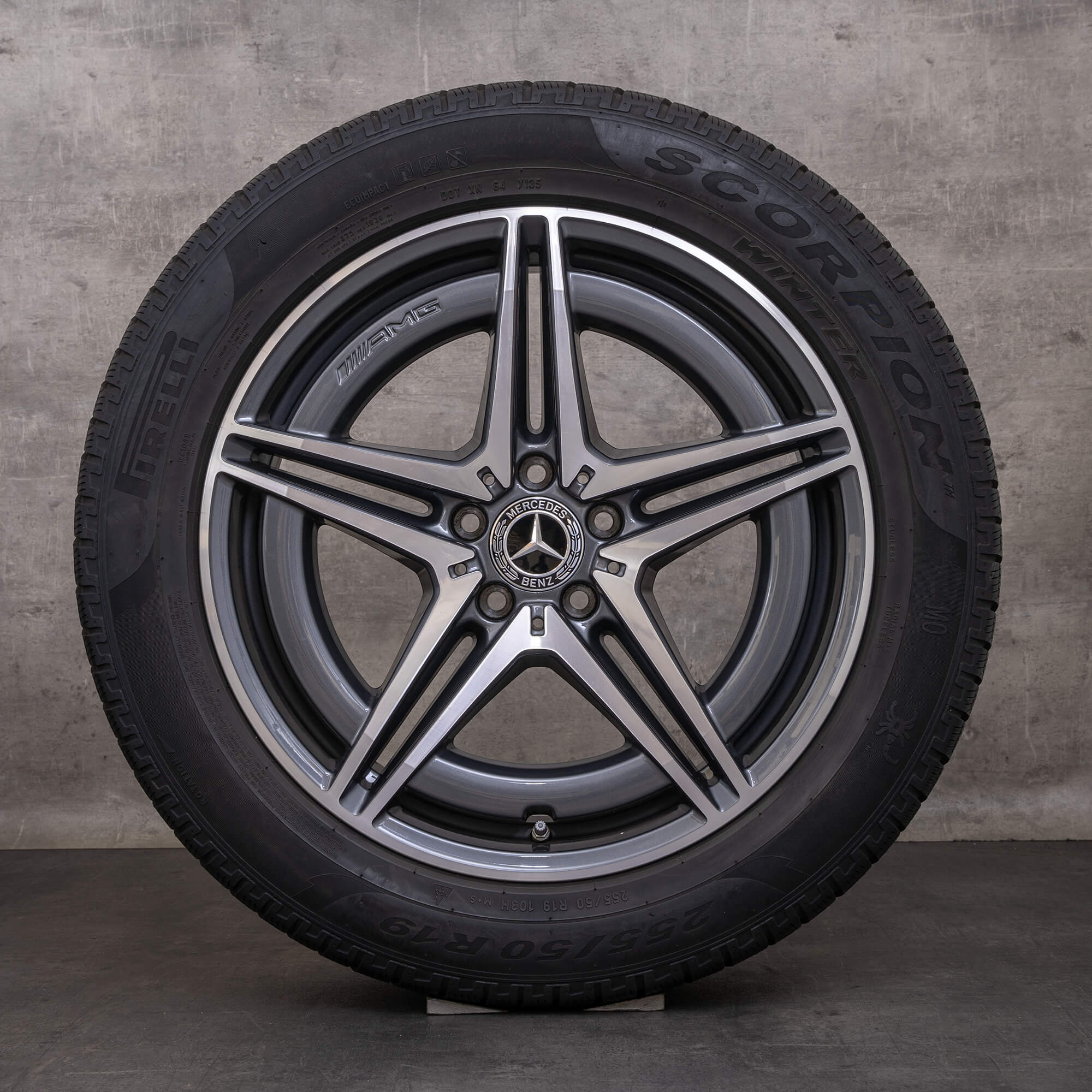 Original zimní pneu s disky Mercedes Benz EQC AMG 19" ráfky na auto N293 A2934011400 A2934010700 himalaya šedá lesklá soustružená