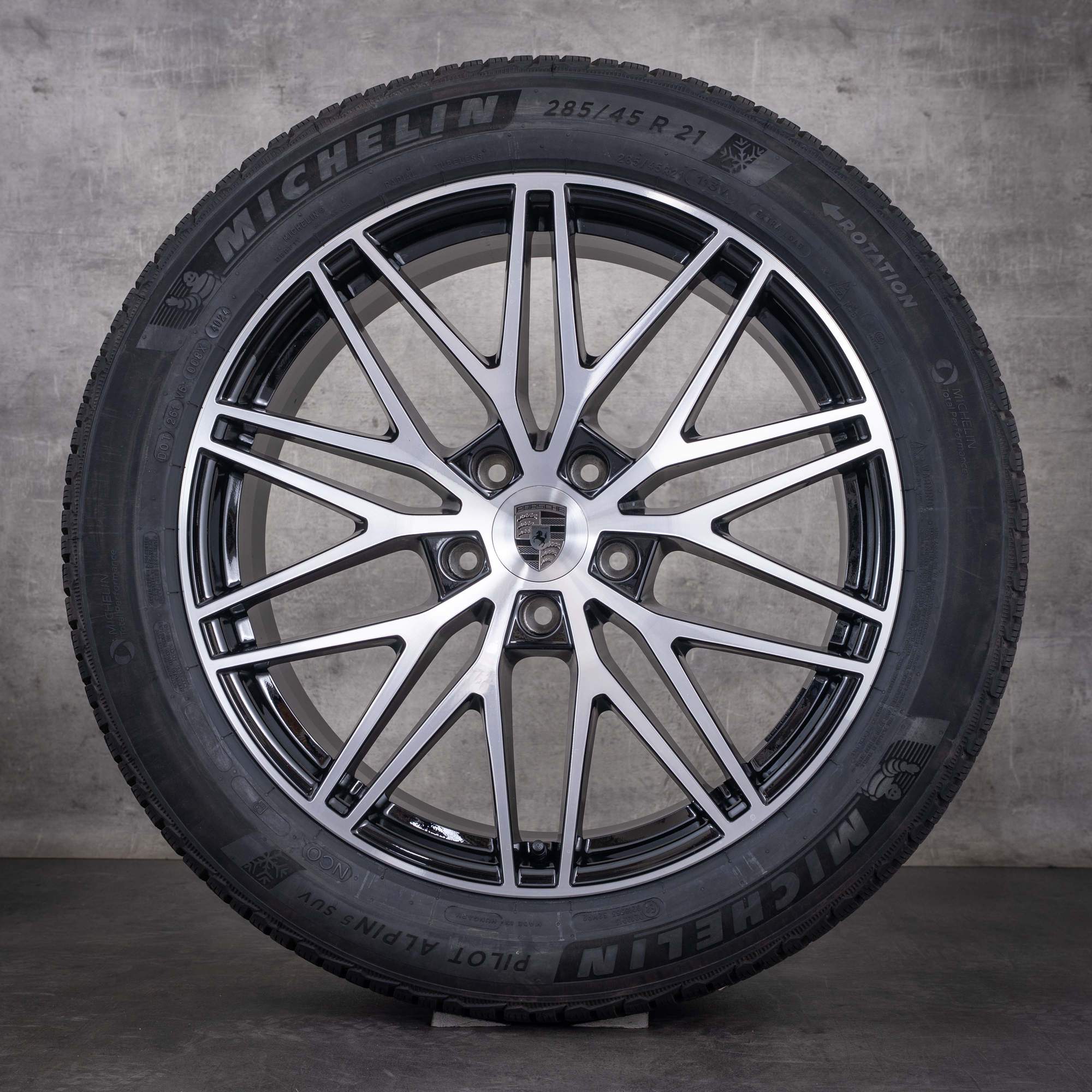Originale Porsche Cayenne vinterhjul 21 tommer 9YA E3 II RS Spyder-felger 9Y0601025CD 9Y0601025CE svart frontpolert