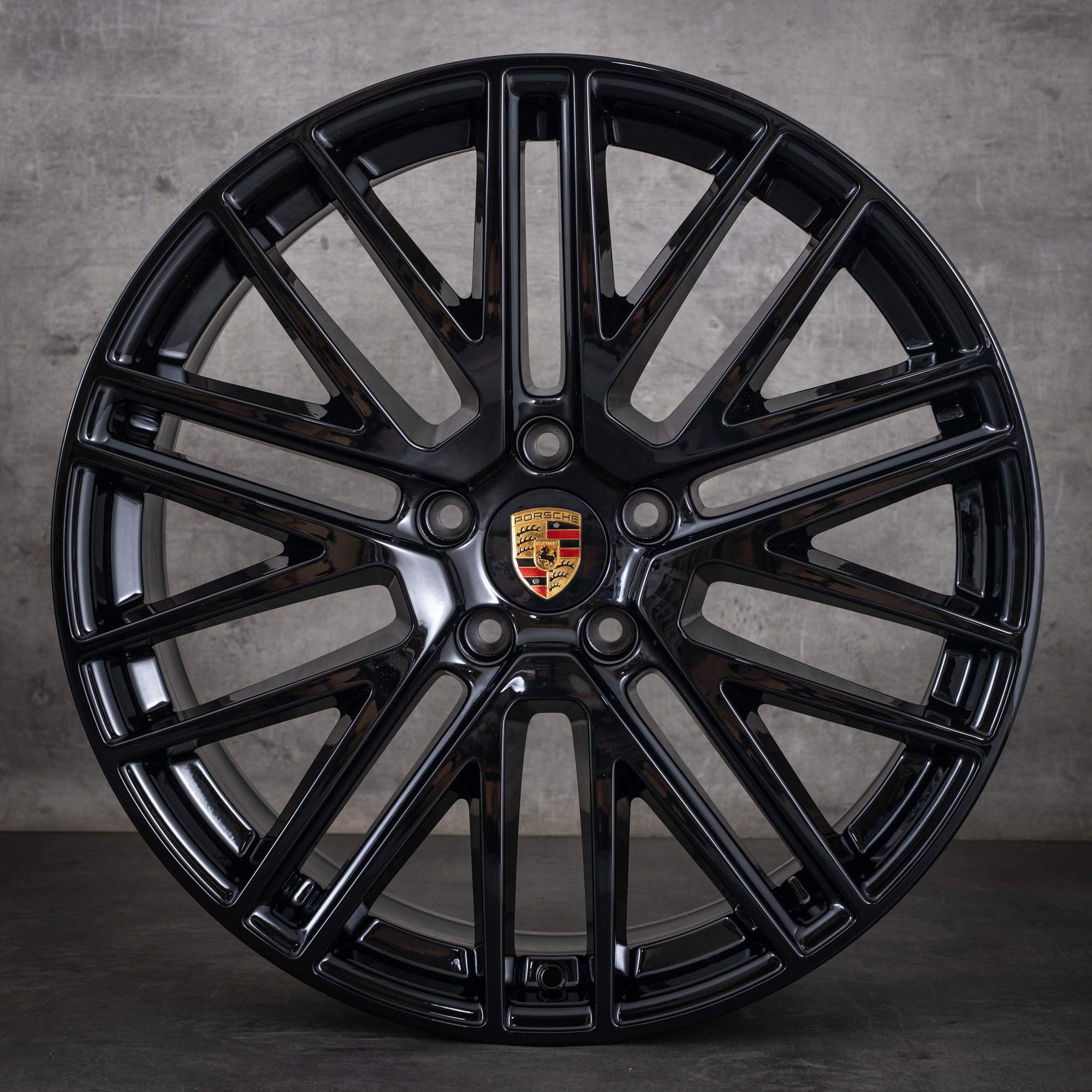 Jante originale Porsche Cayenne Coupe de 22 inch, model 9YA E3 II Turbo Design, coduri 9Y0601025DR și 9Y3601025CA, negru lucios