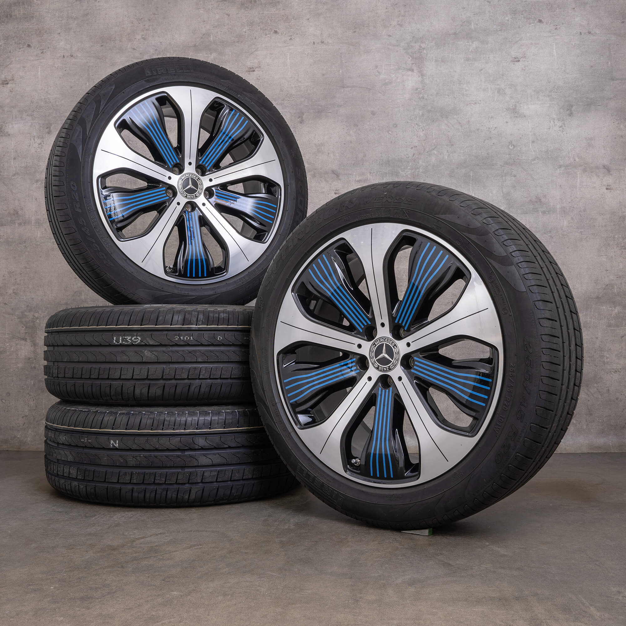 Oryginalne felgi Mercedes Benz EQC 20 cali N293 koła letnie A2934010300 A2934010500 czarno-niebieskie polerowane NOWOŚĆ