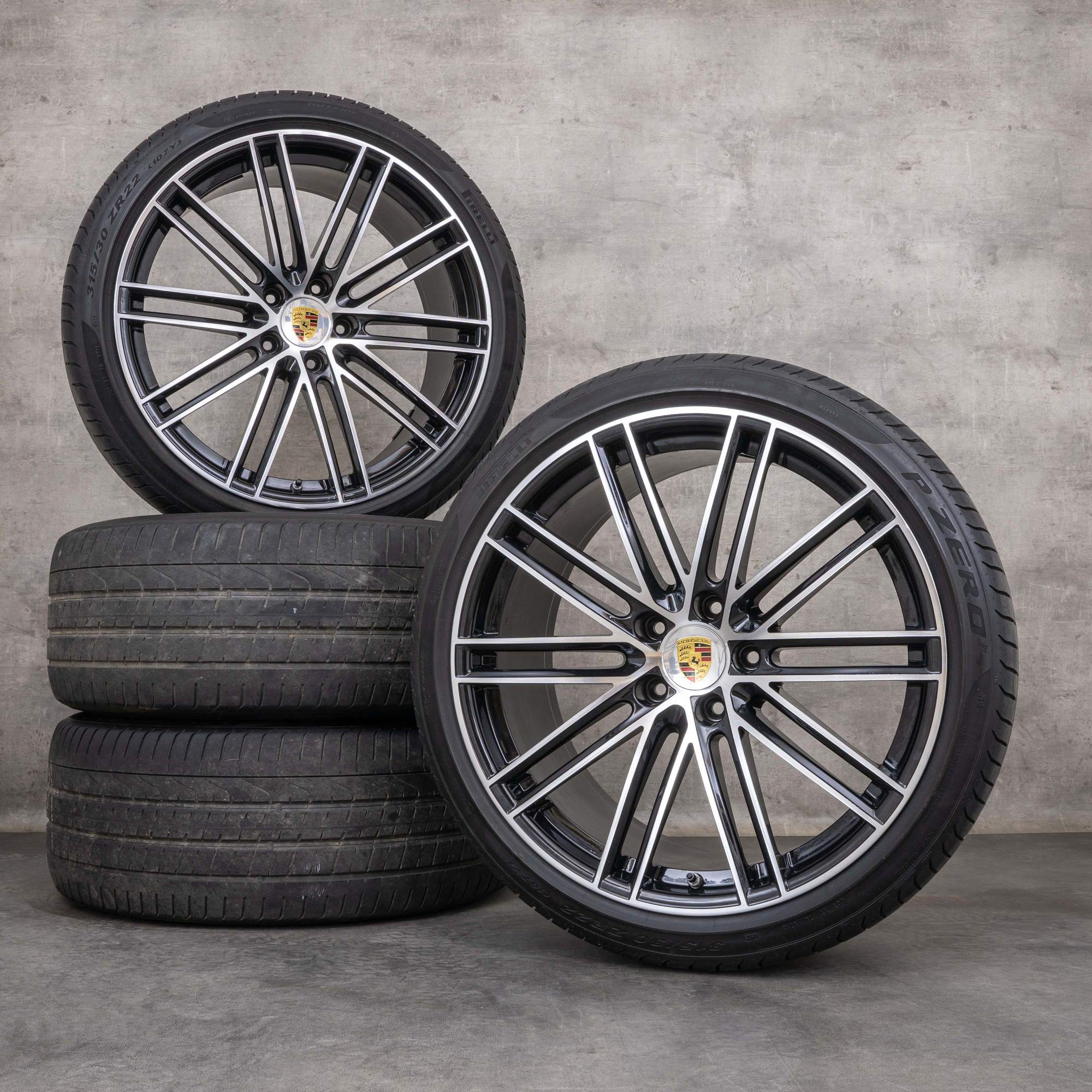 Originale Porsche Cayenne vinterdæk med fælge 22 tommer 9YA 911 Turbo Design 9Y0601025BR 9Y0601025BS sort poleret