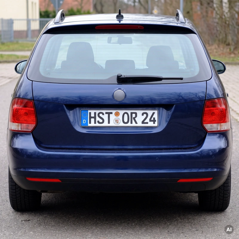 Heck eines dunkelblauen Kombis mit Rückleuchten und Stoßstange, Kennzeichen HST OR 24 mit HU-Plakette und Stempelplakette von Mecklenburg-Vorpommern