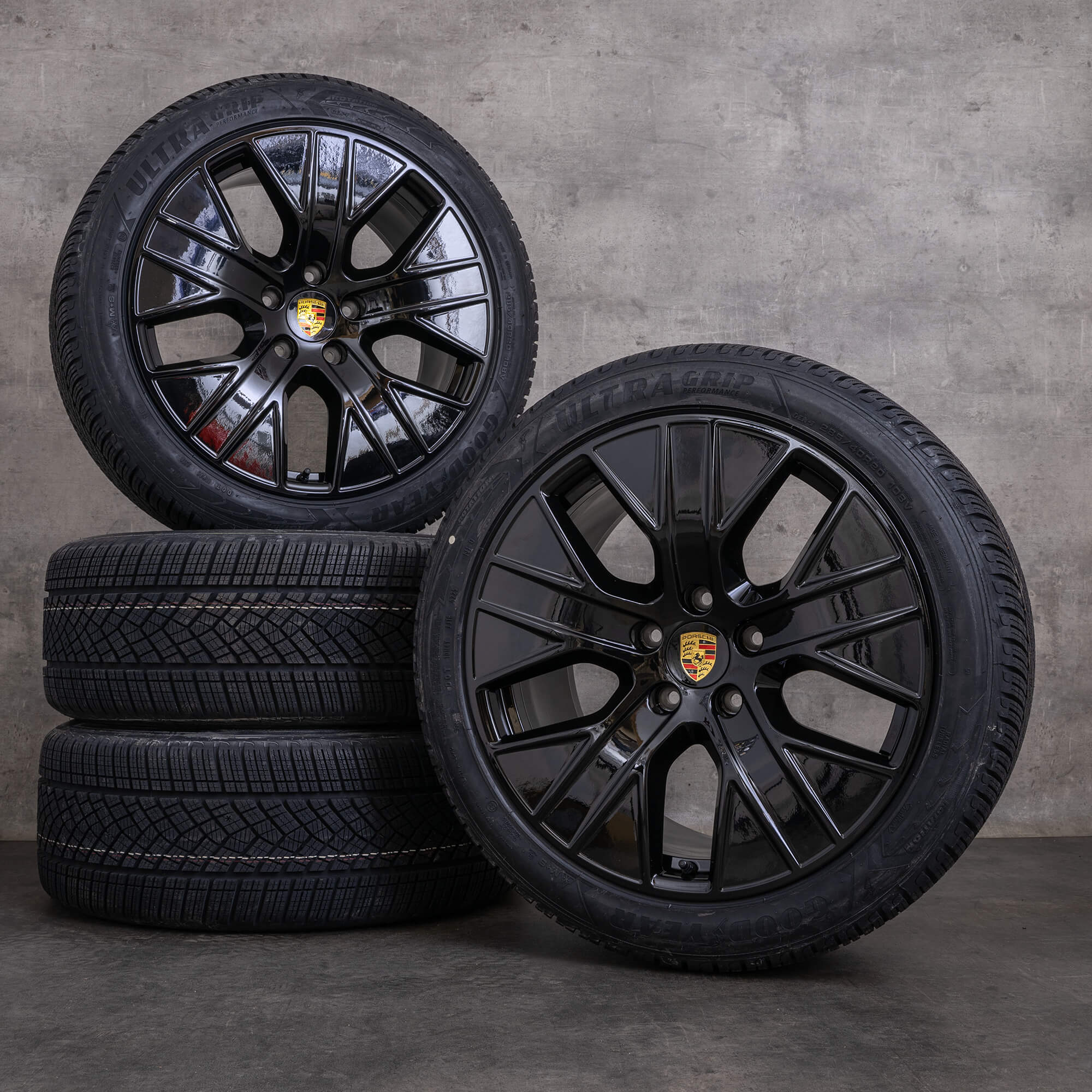 OEM Porsche Taycan snow tire packages 20 inch 9J1 rims 9J1601025CR 9J1601025K Turbo Aero black glossy