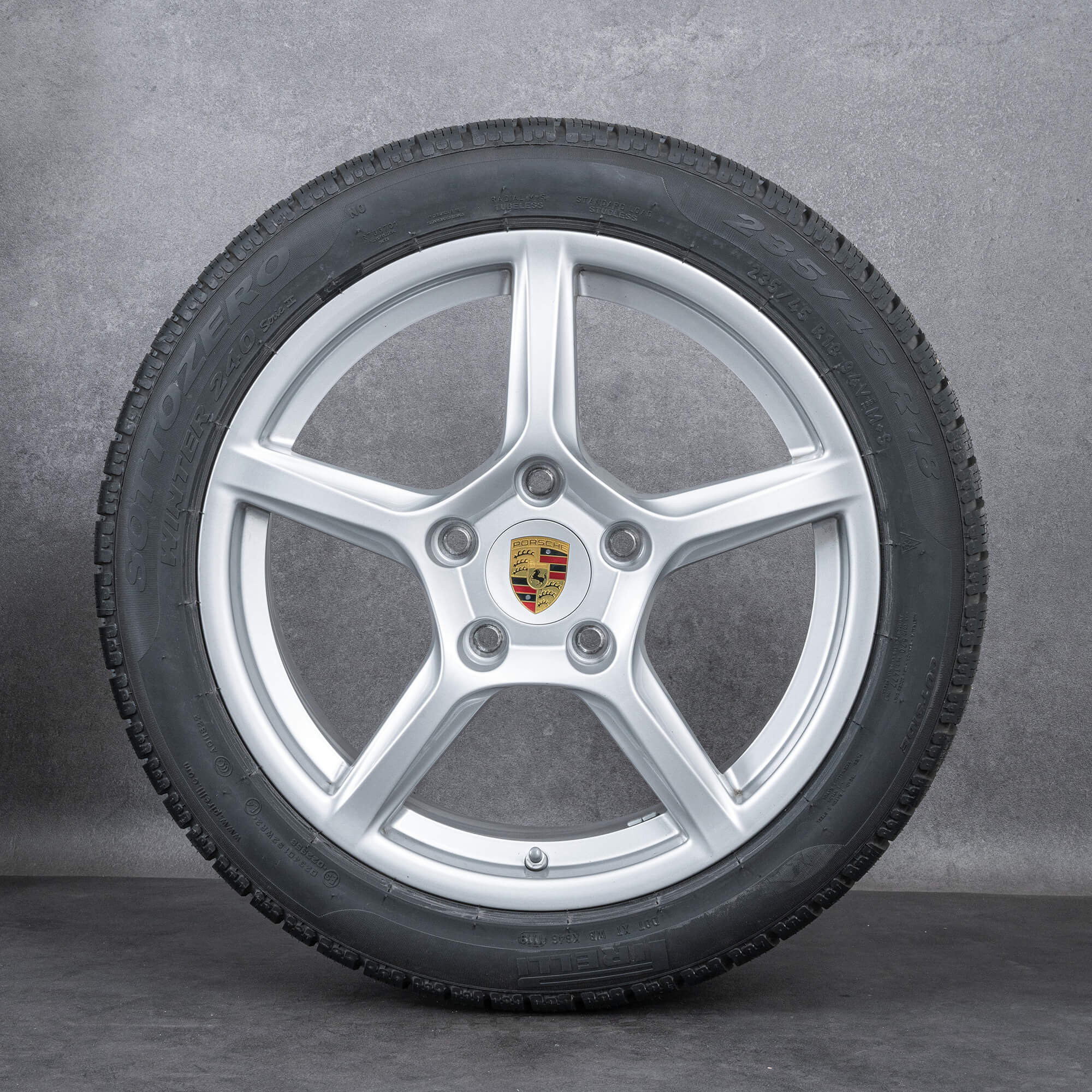 Originale Porsche Boxster Cayman 981 vinterdæk med fælge på 18 tommer 98136212005 98136212205 Brilliant Silver Metallic - 8Z8