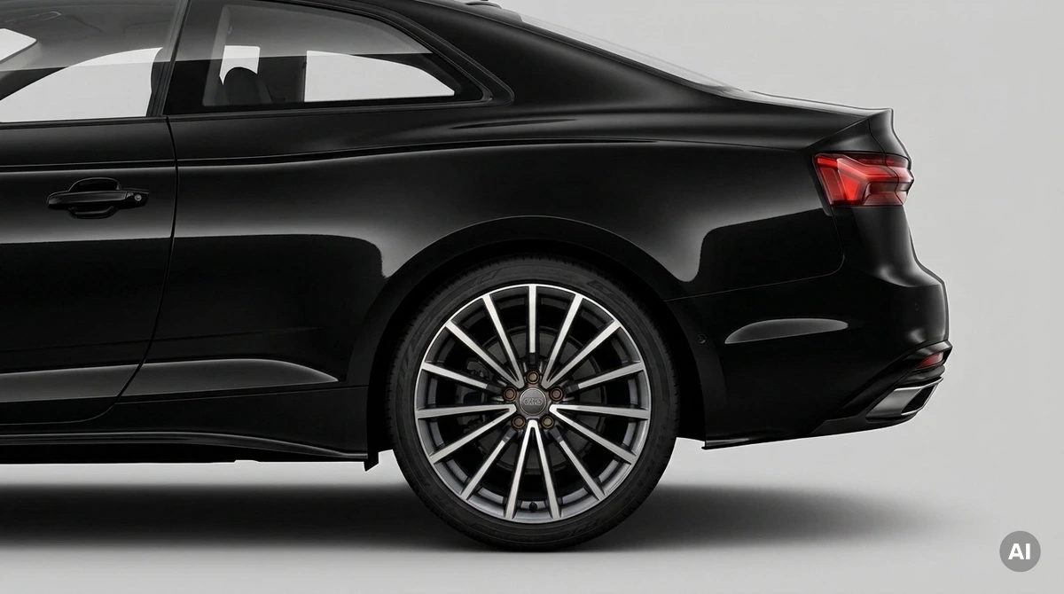 Schwarzer Audi A5 Coupé mit Original-Felge im 15-Speichen-Design in 19 Zoll, titan glanzgedreht, Nahaufnahme am Hinterrad