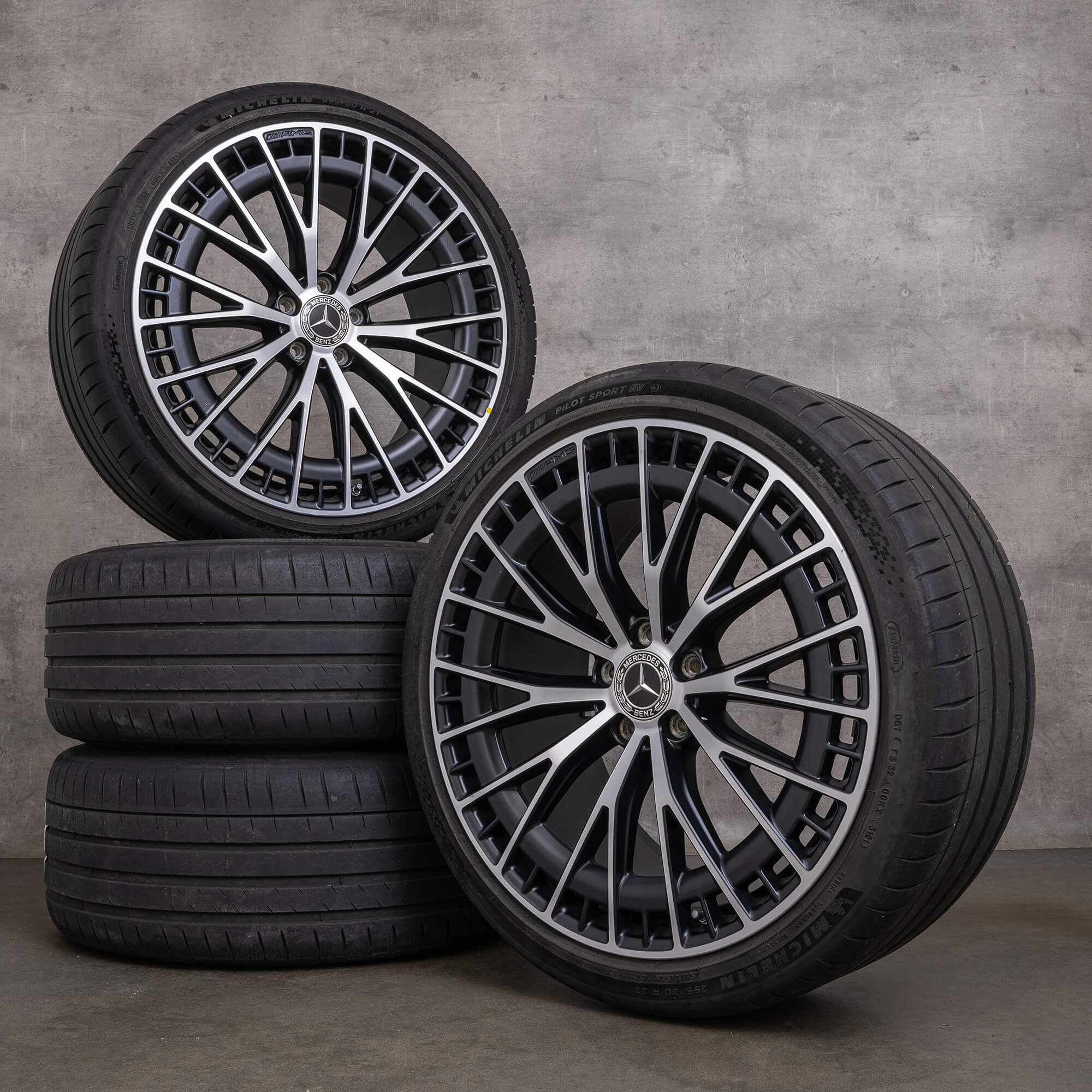 Originale Mercedes Benz EQE 43 53 AMG cerchi 21 pollici V295 4Matic estate A2954012900 A2954013000 nero opaco lucidato frontalmente