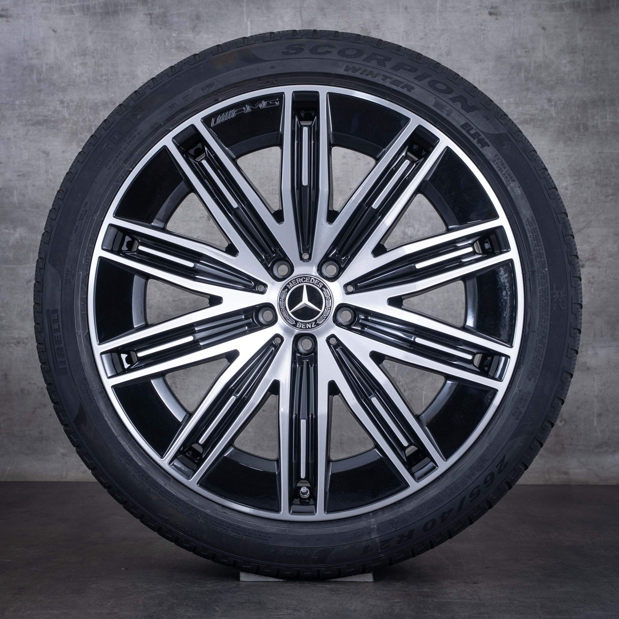 Original Mercedes Benz EQE AMG Winterräder 21 Zoll SUV X294 Felgen A2944011200 schwarz front glanzgedreht