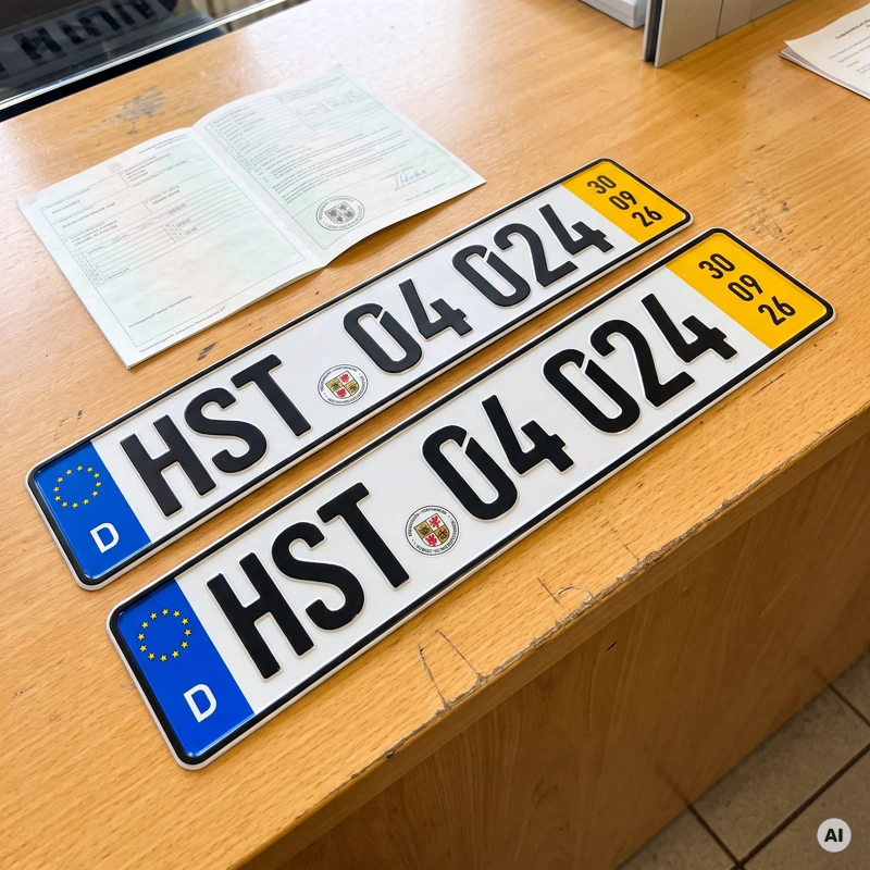 Zwei Kurzzeitkennzeichen HST 04 024 mit gelbem Ablauffeld und Stempelplakette liegen auf dem Tresen der Zulassungsstelle neben den Fahrzeugpapieren