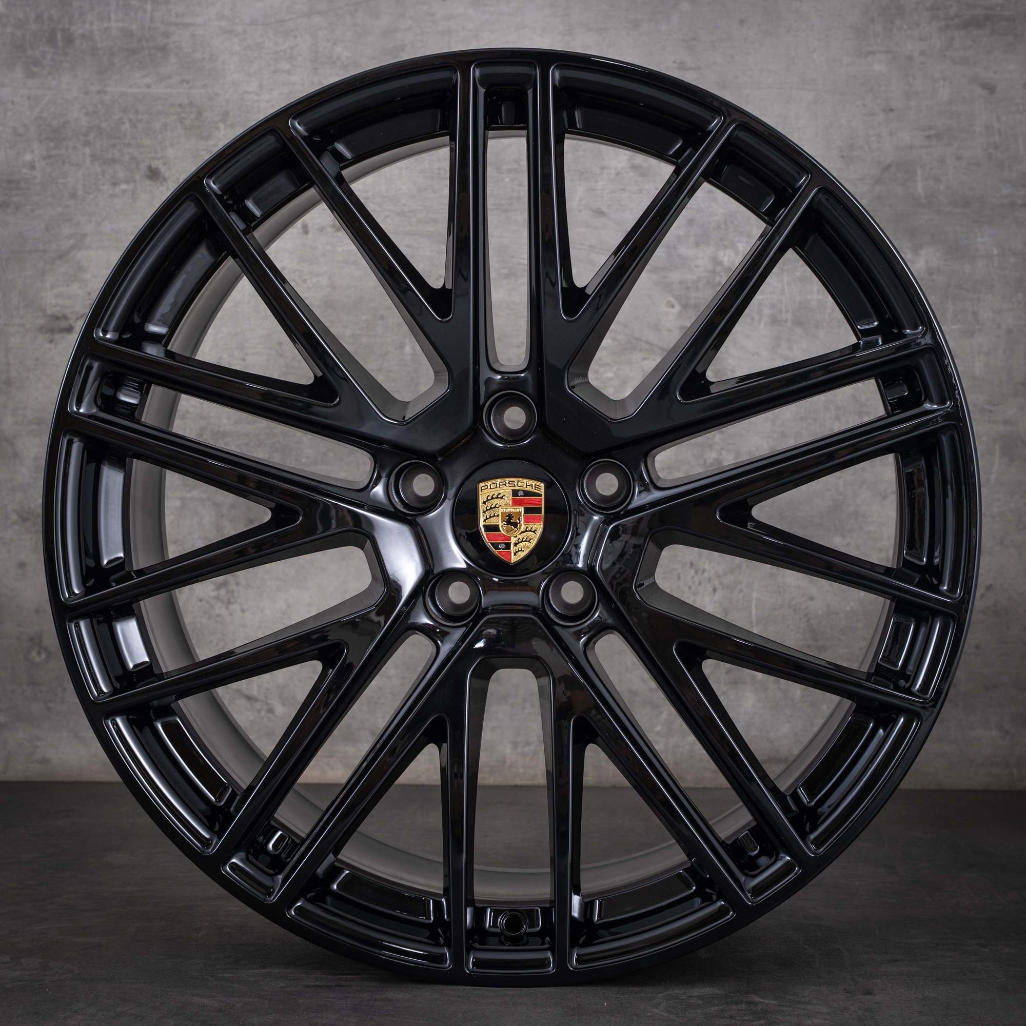 Jante originale Porsche Cayenne Coupe de 22 inch, model 9YA E3 II Turbo Design, coduri 9Y0601025DR și 9Y3601025CA, negru lucios