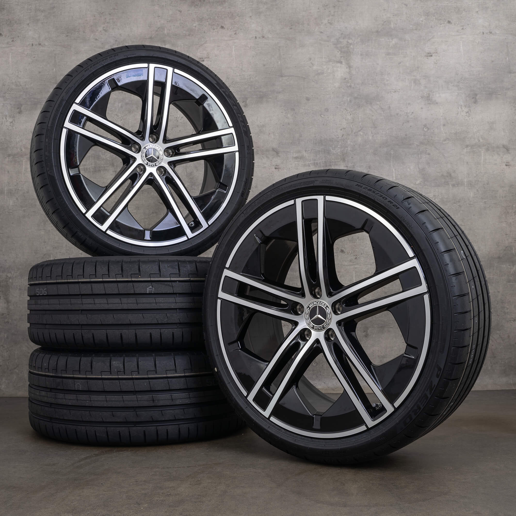 Originální letni disky Mercedes Benz EQE 21 palců V295 A2954011400 A2954011500 černé lesklé soustružené NOVÉ