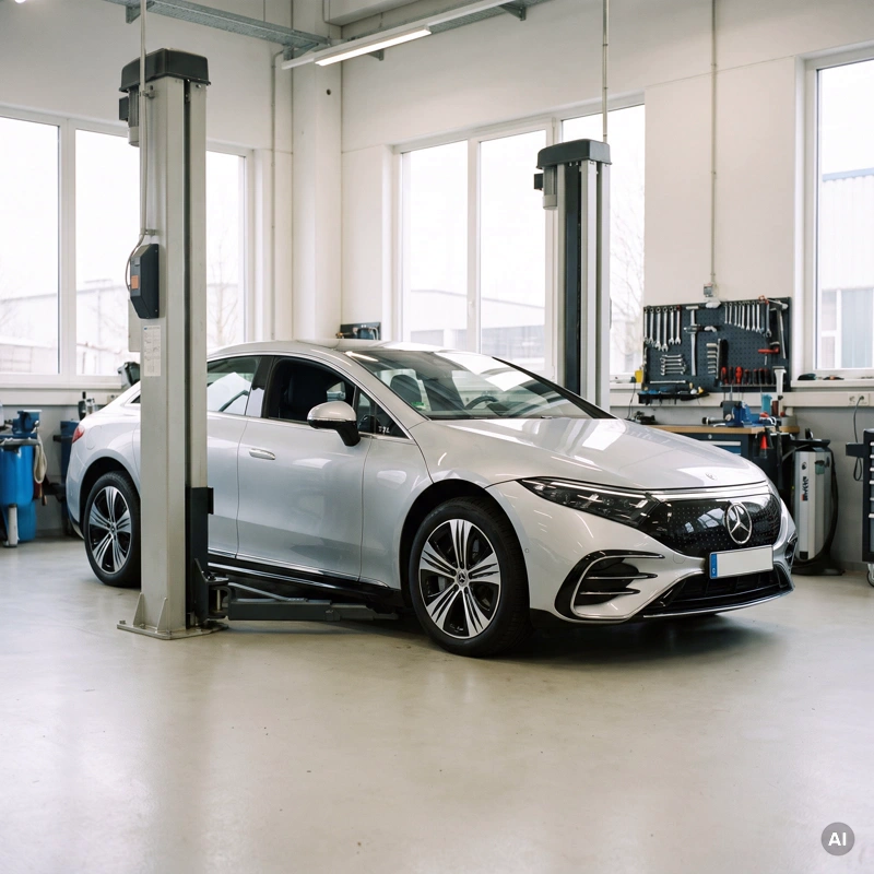 Elektroauto steht in der Werkstatt zwischen den Säulen einer Hebebühne, die Arme sind untergesetzt