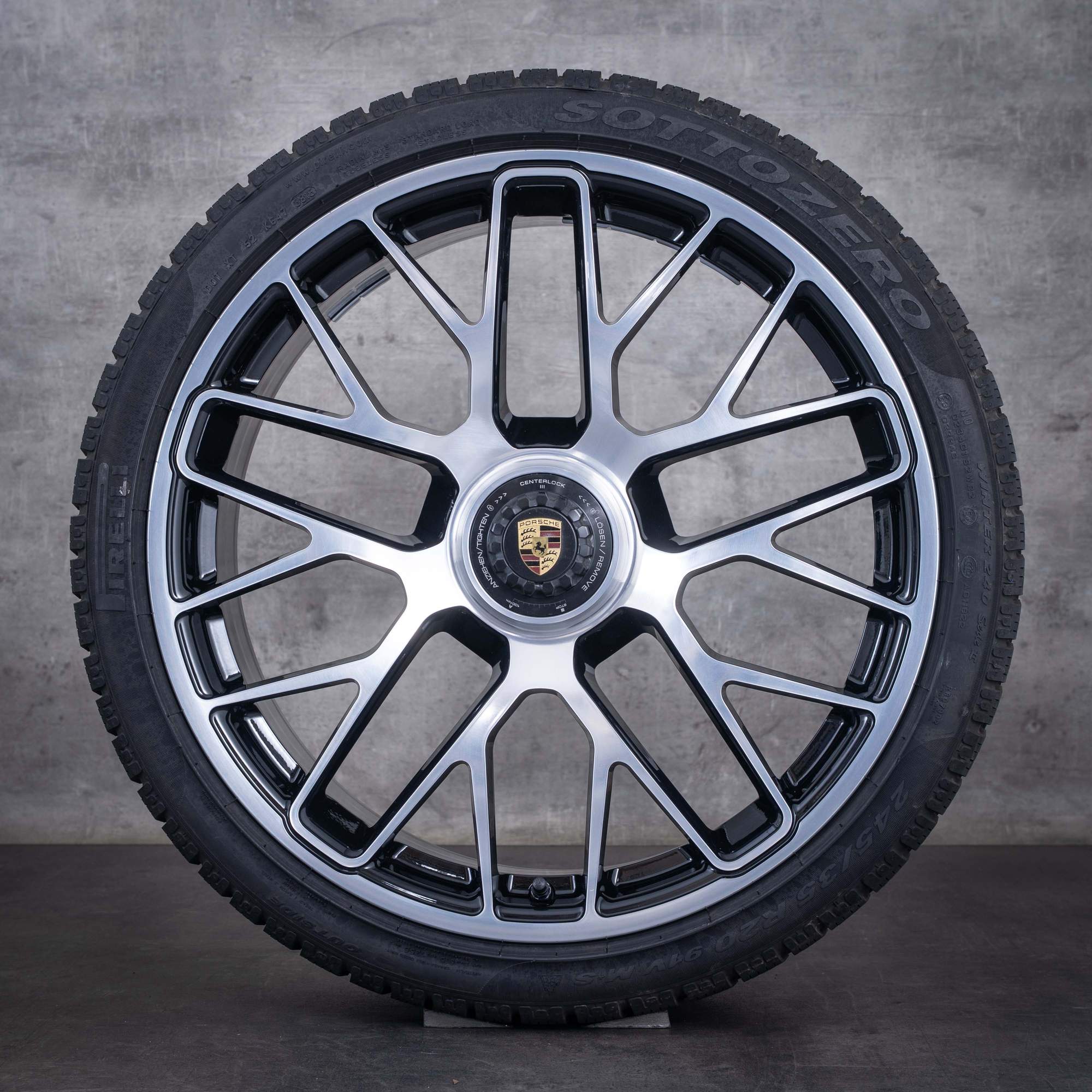 Original Porsche 991 Winterräder 20 Zoll 991 II Targa 4 GTS Turbo Felgen 99136216234 99136216634 schwarz front glanzgedreht