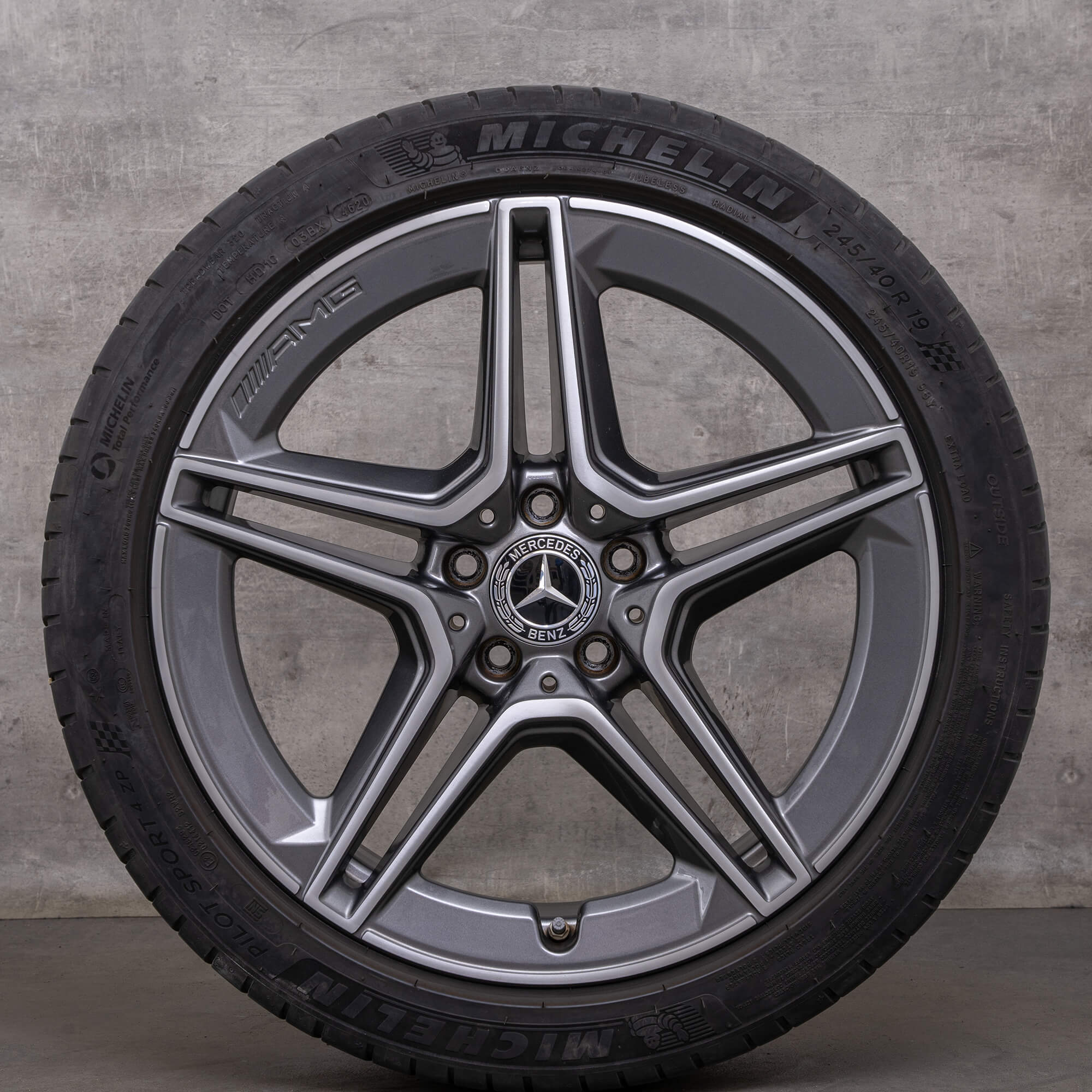 Original Mercedes Benz CLS AMG fælge 19 tommer C257 sommerhjul A2574011500 himalaya grå blank drejet
