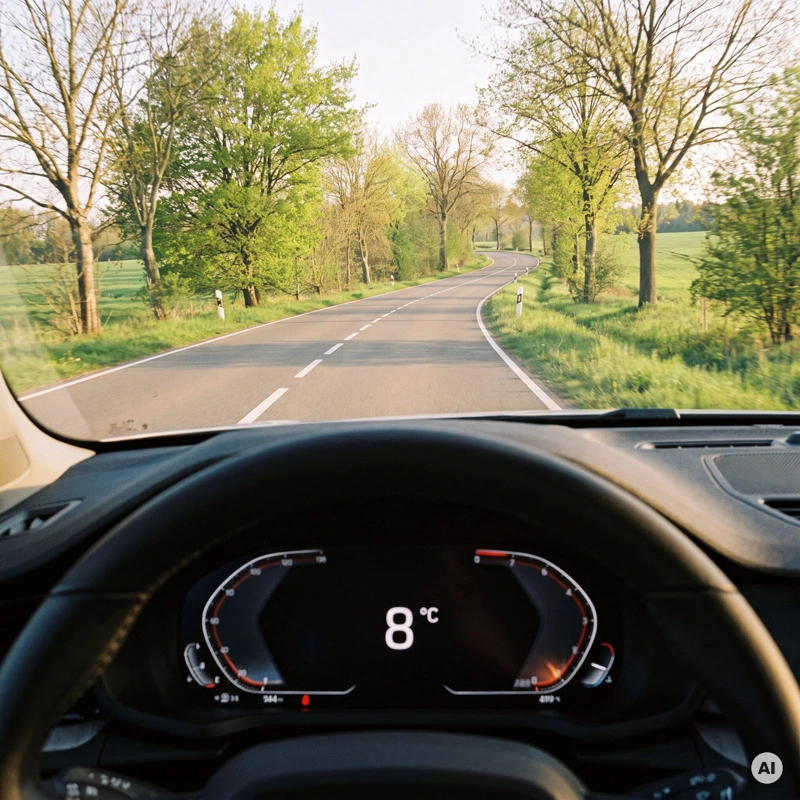 Digitale Außentemperaturanzeige im Fahrzeug zeigt acht Grad, durch die Windschutzscheibe ist eine Landstraße mit frisch ergrünten Bäumen im Frühling zu sehen