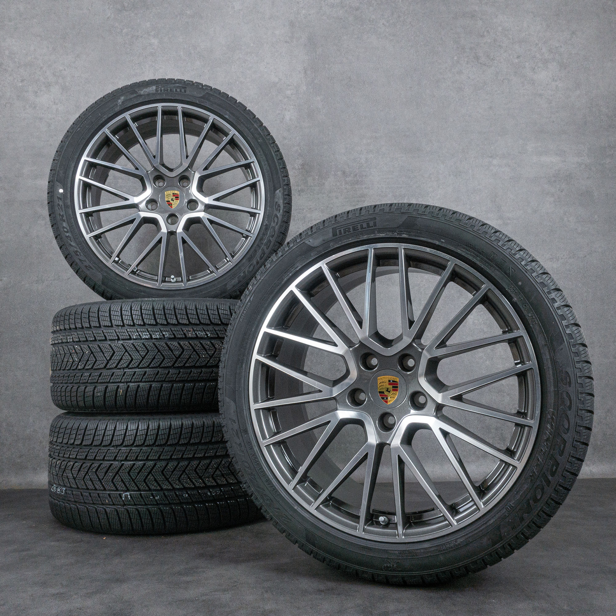 Original Porsche Cayenne Winterräder 21 Zoll 9YA Felgen RS Spyder 9Y0601025K 9Y0601025L titan glanzgedreht