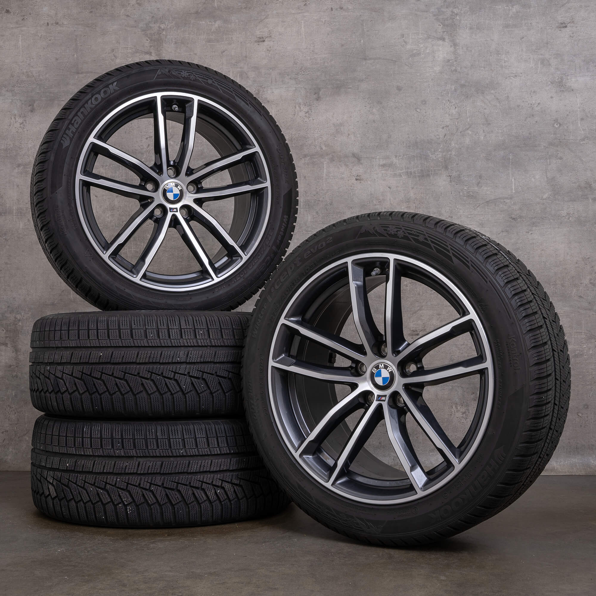 Originale BMW 5-serie vinterhjul 18 tommer G30 G31 fælge styling 662 M 8093405 8093406 jerngrå frontpolering
