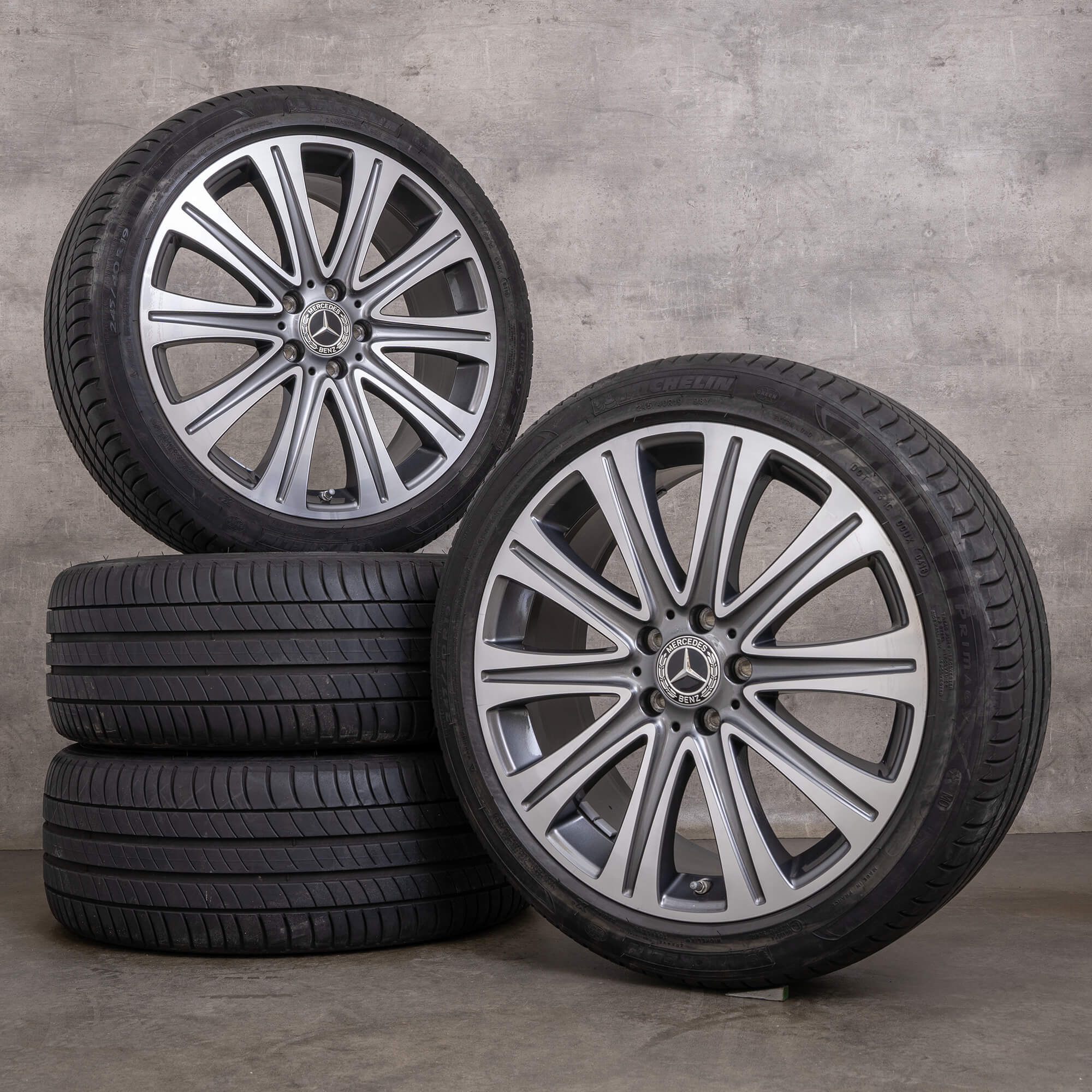 Ekte Mercedes Benz E-Klasse felger 19 tommer W213 S213 C238 A238 sommerdekk A2134010500 himalaya grey glossy turned