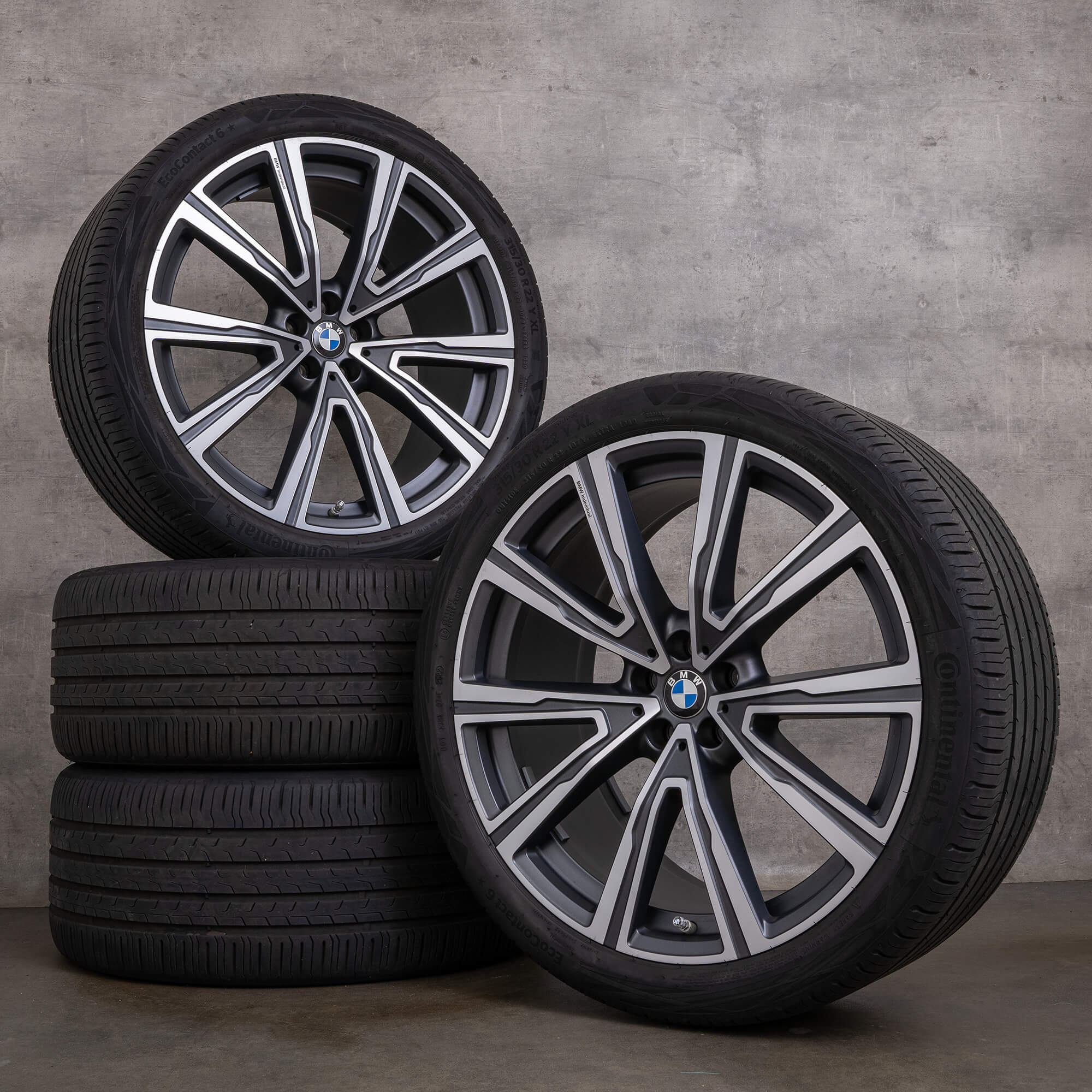 Originale BMW X5 X6 felger 22 tommer G05 G06 sommerhjul styling 746i 8072000 8072001 orbitgrey matt front polish