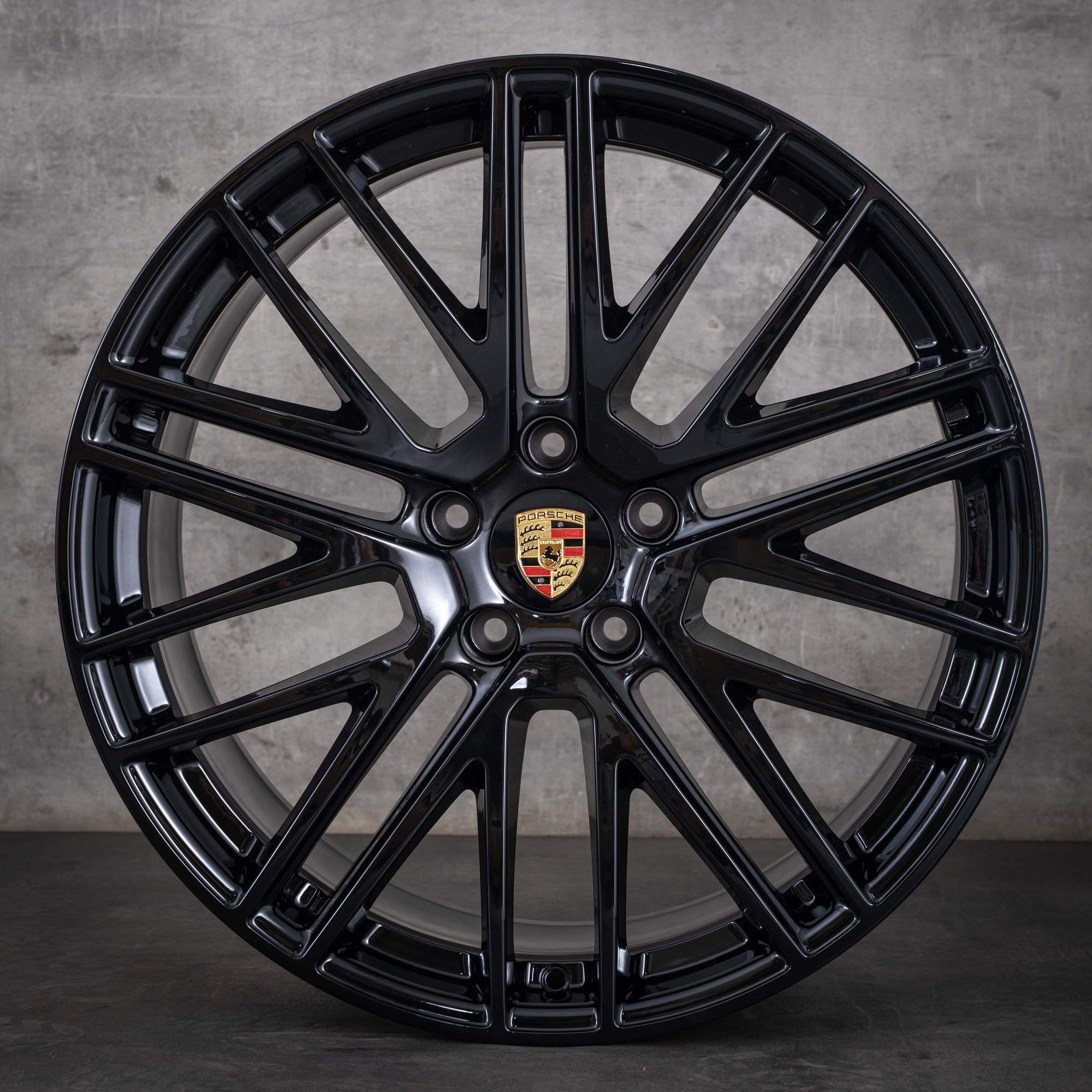 Jante originale Porsche Cayenne Coupe de 22 inch, model 9YA E3 II Turbo Design, coduri 9Y0601025DR și 9Y3601025CA, negru lucios