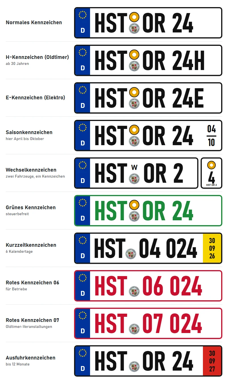 Kennzeichenarten in Deutschland im Direktvergleich Vergleich von zehn deutschen Kennzeichenarten mit der Kennung HST OR 24: normal, H, E, Saison, Wechsel, grün, Kurzzeit, rot 06, rot 07 und Ausfuhr