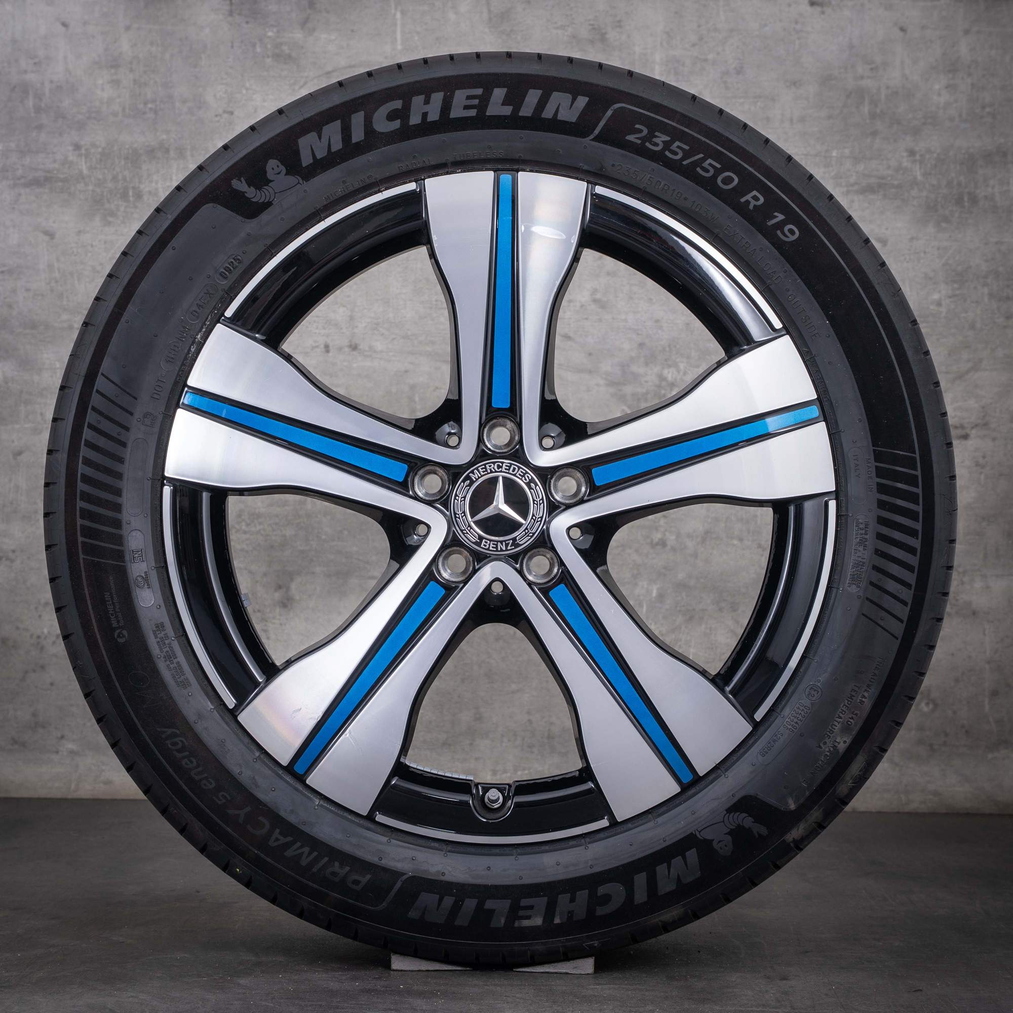 Originale Mercedes-Benz EQA EQB-felger 19 tommer H243 X243 sommerhjul A2434011500 svart blå frontpolert