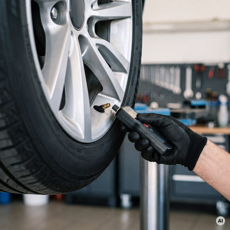 Mechaniker hält ein Anlerngerät für RDKS-Sensoren an die Reifenflanke neben dem Ventil eines Alurads auf der Hebebühne