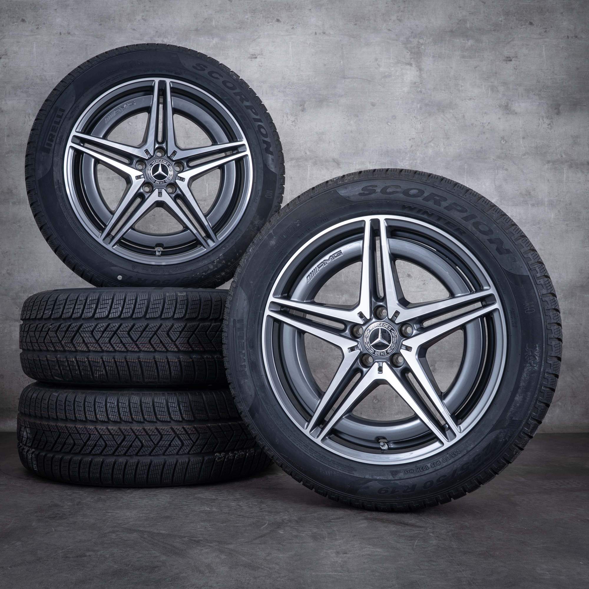 Originale Mercedes Benz EQC AMG vinterdæk med fælge 19 tommer N293 A2934011400 A2934010700 himalaya grey poleret